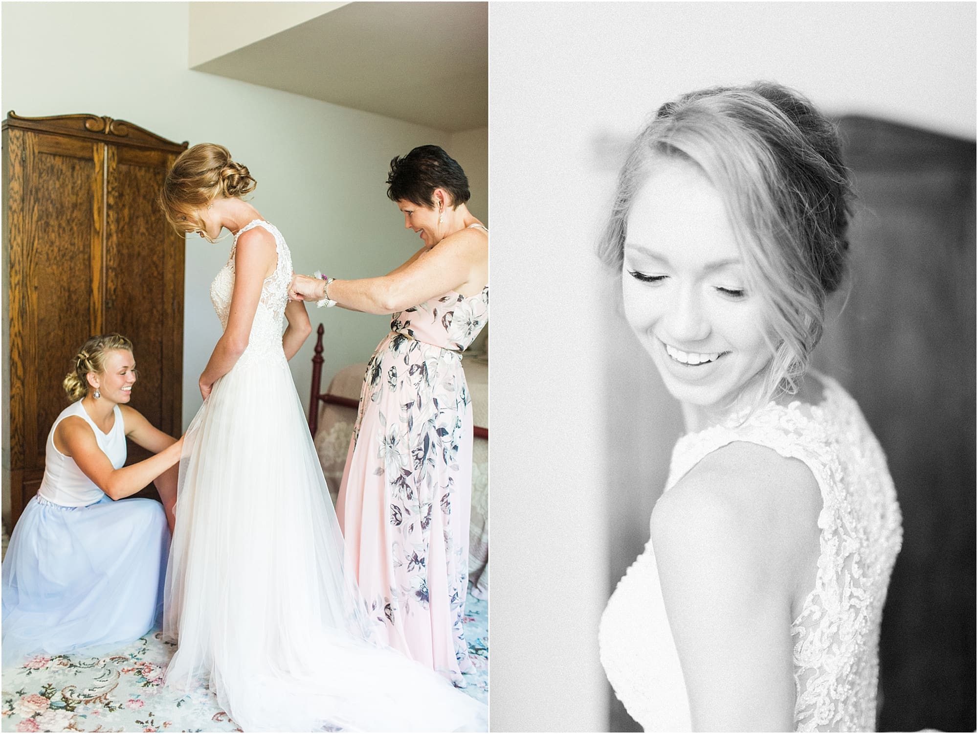 Arielle Peters Photography | Mother of bride helping bride get ready on wedding day at Willowfield Lavender Farm in Mooresville, Indiana. 