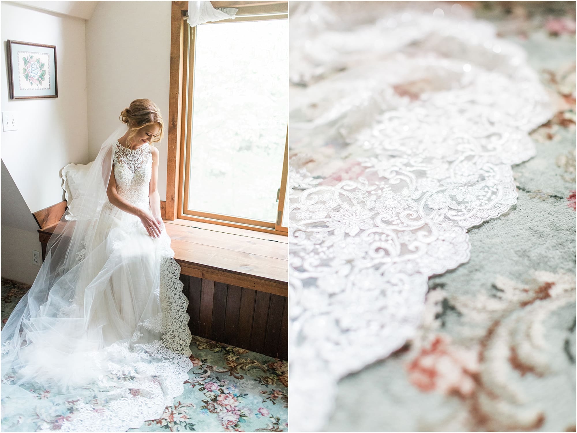 Arielle Peters Photography | Bride sitting on wooden window sill on wedding day at Willowfield Lavender Farm in Mooresville, Indiana. 