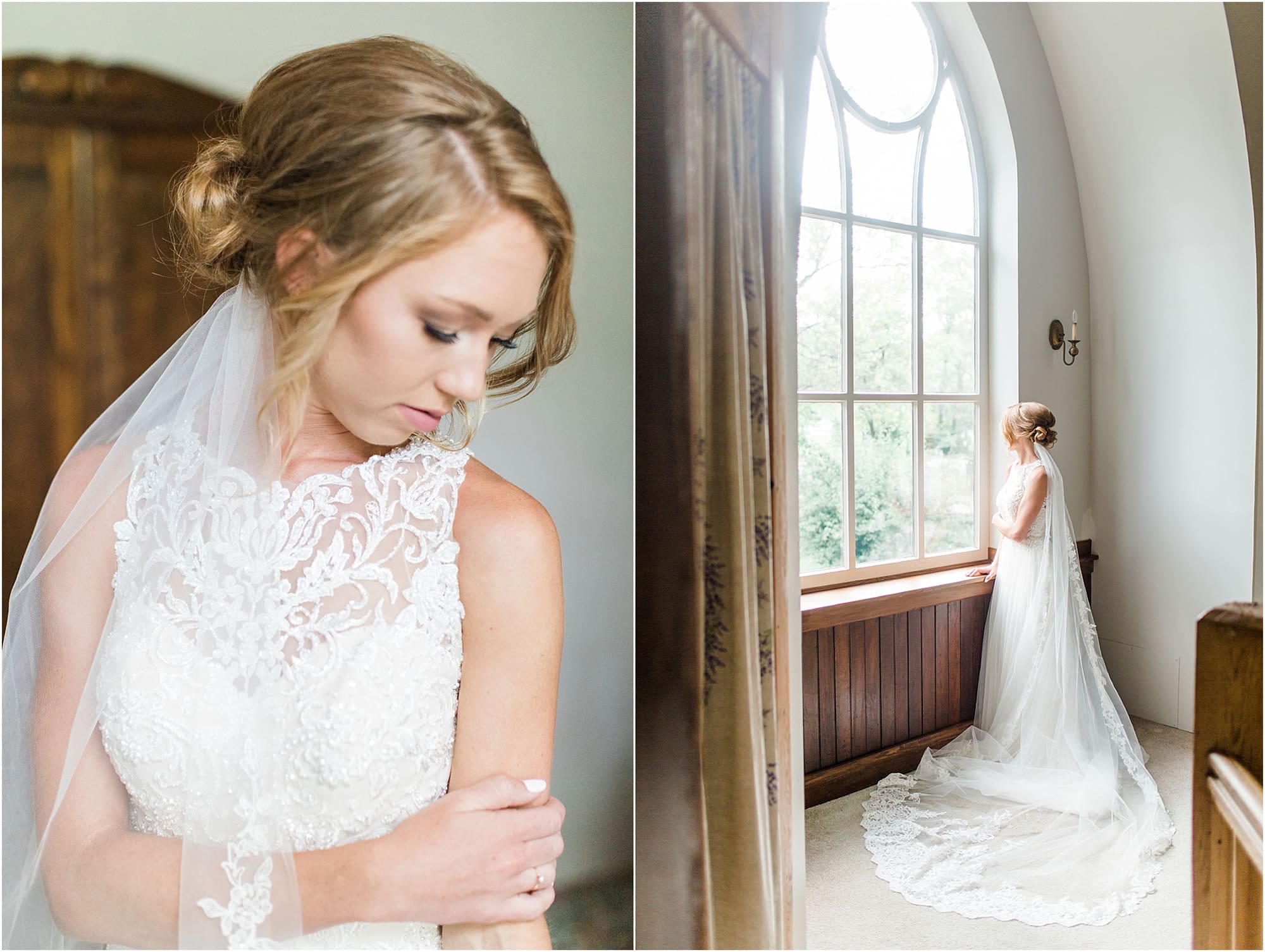 Arielle Peters Photography | Bride standing by a large open window on wedding day at Willowfield Lavender Farm in Mooresville, Indiana. 