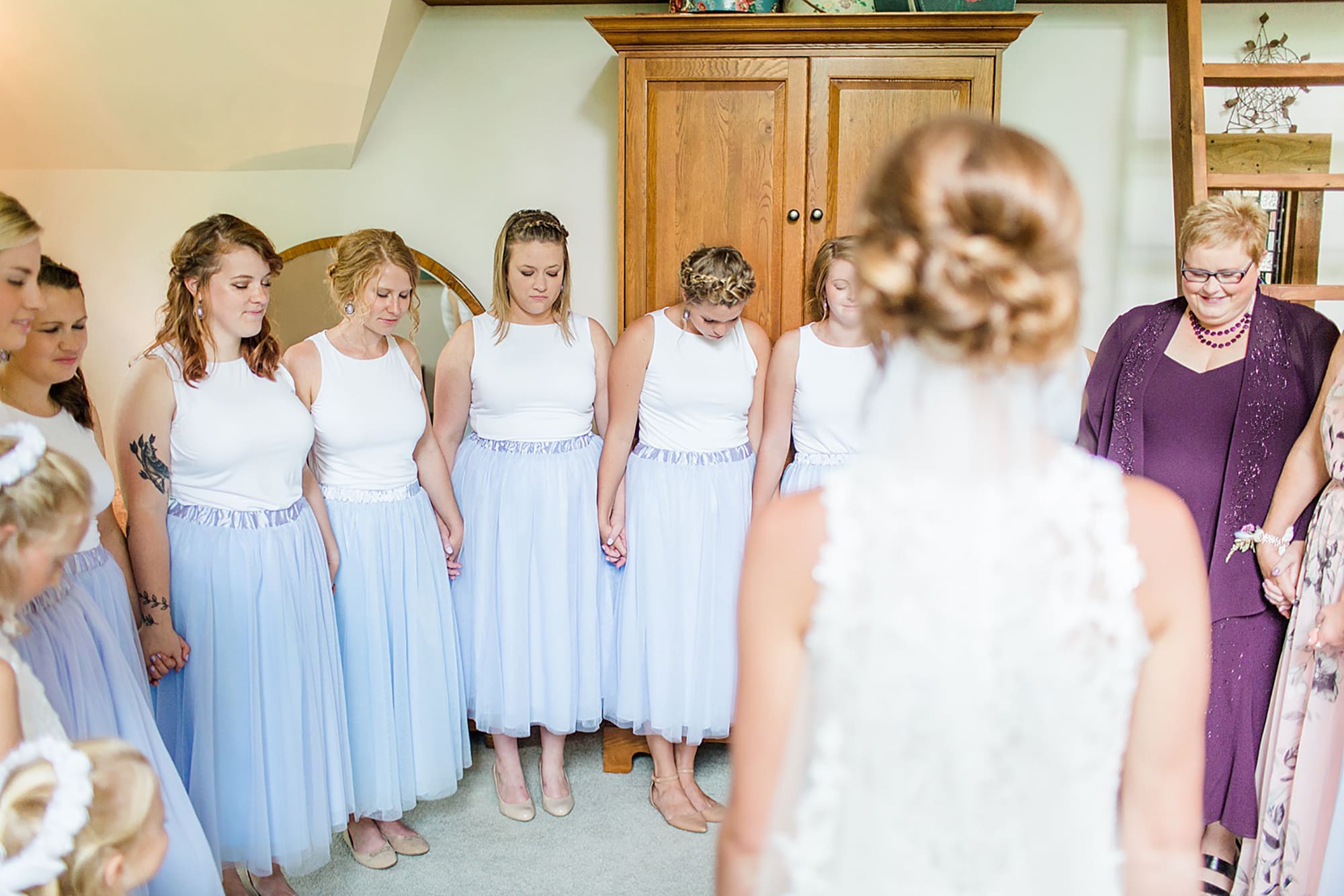 Arielle Peters Photography | Bride and bridesmaids having a first reveal on wedding day at Willowfield Lavender Farm in Mooresville, Indiana. 