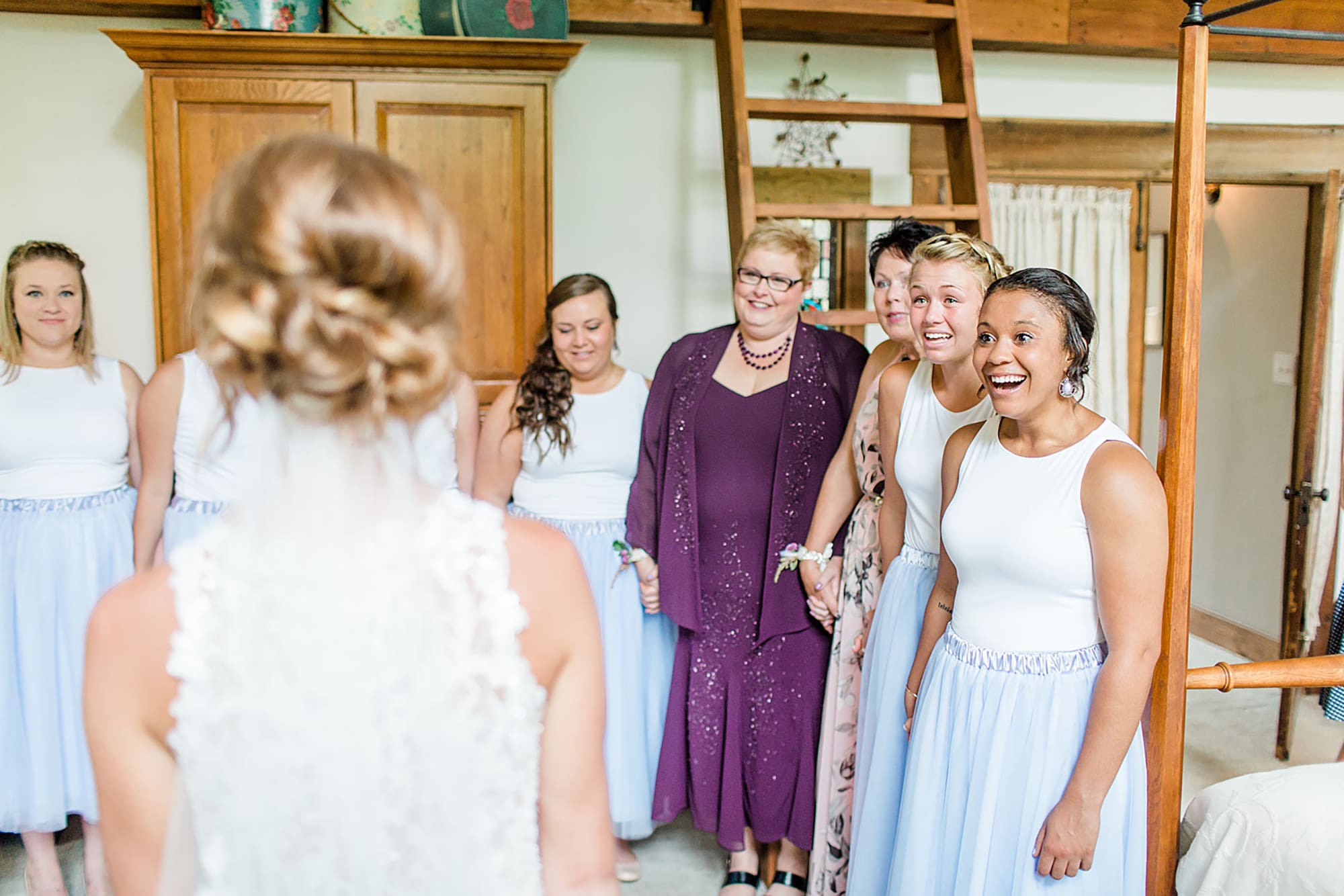 Arielle Peters Photography | Bride and bridesmaids having a first reveal on wedding day at Willowfield Lavender Farm in Mooresville, Indiana. 