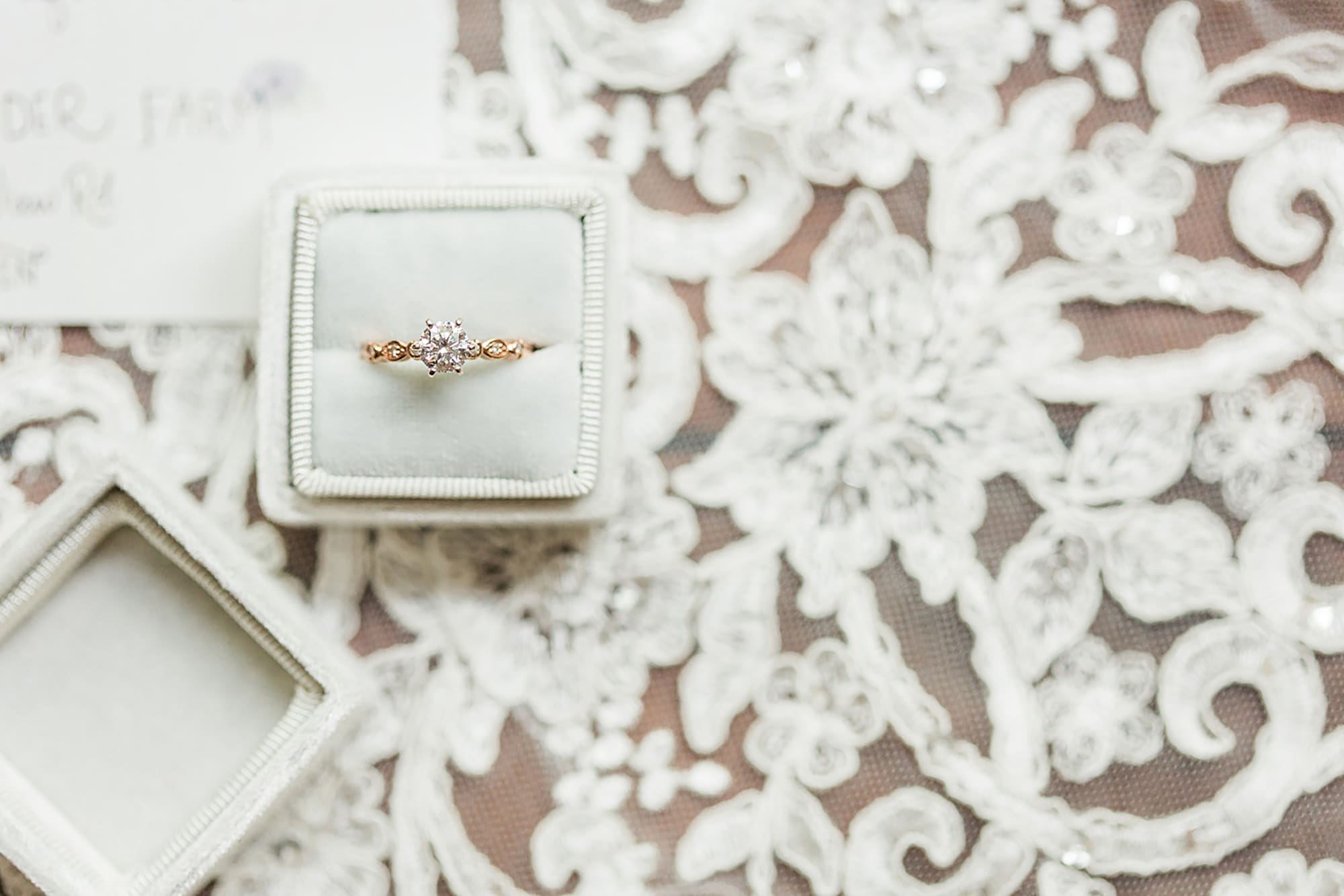 Arielle Peters Photography | Wedding rings on lace background on wedding day at Willowfield Lavender Farm in Mooresville, Indiana. 