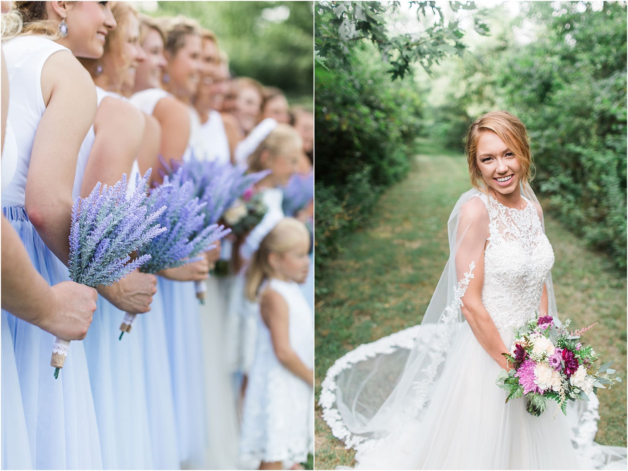 Arielle Peters Photography | Bride and bridesmaids standing next to large trees on wedding day at Willowfield Lavender Farm in Mooresville, Indiana. 