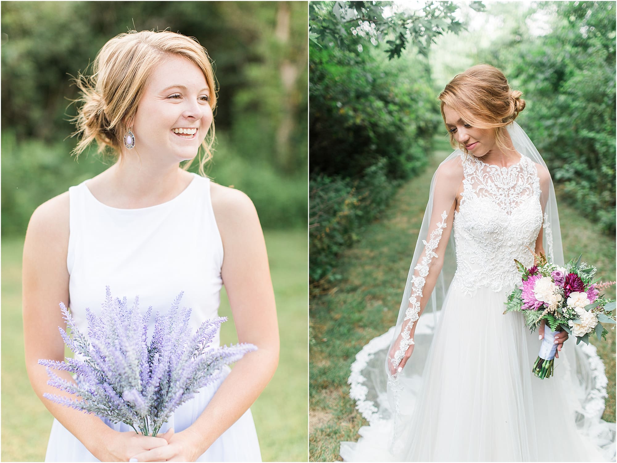 Arielle Peters Photography | Bride standing under tunnel of trees on wedding day at Willowfield Lavender Farm in Mooresville, Indiana. 
