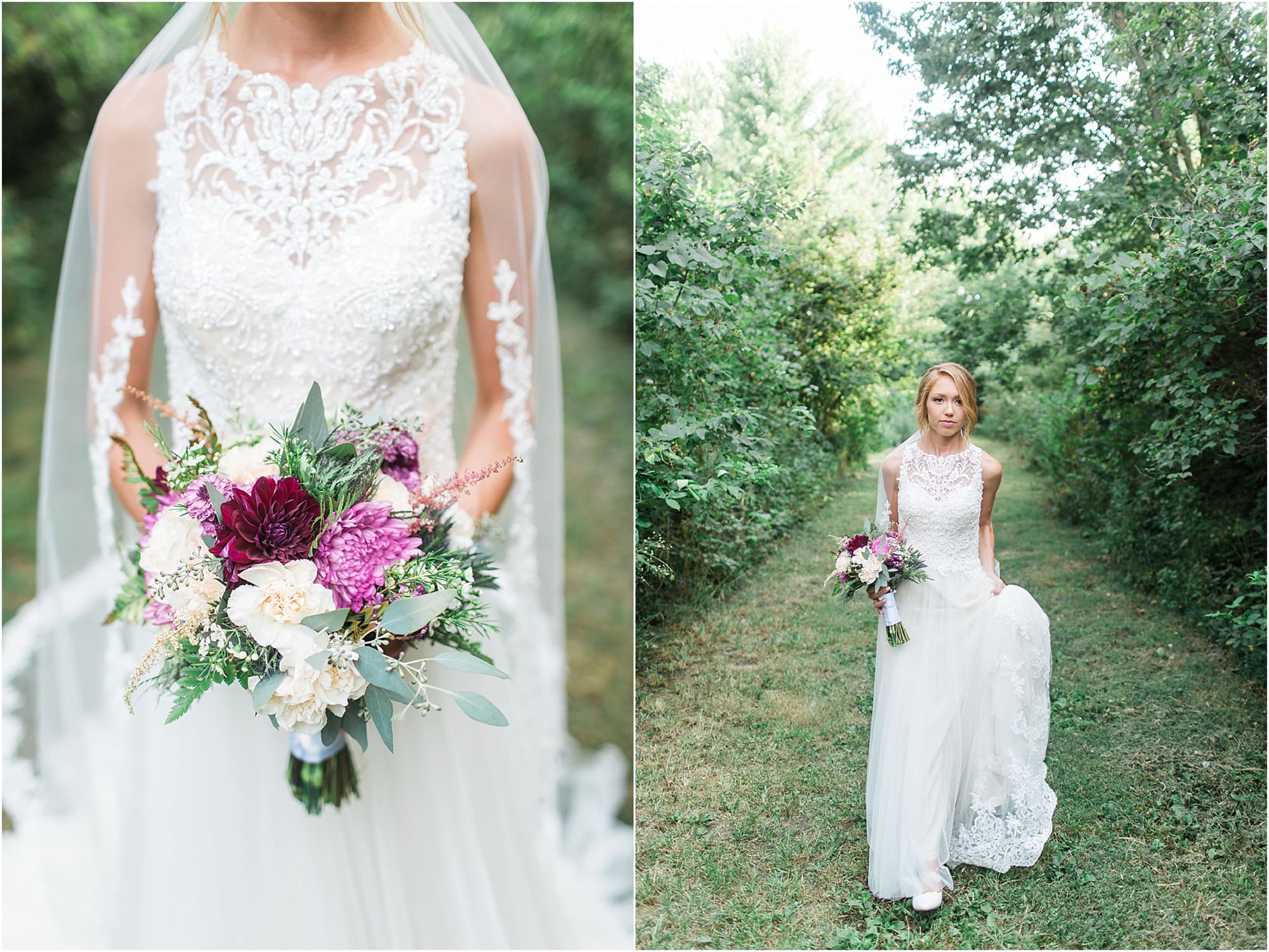Arielle Peters Photography | Bride walking through tunnel of trees on wedding day at Willowfield Lavender Farm in Mooresville, Indiana. 