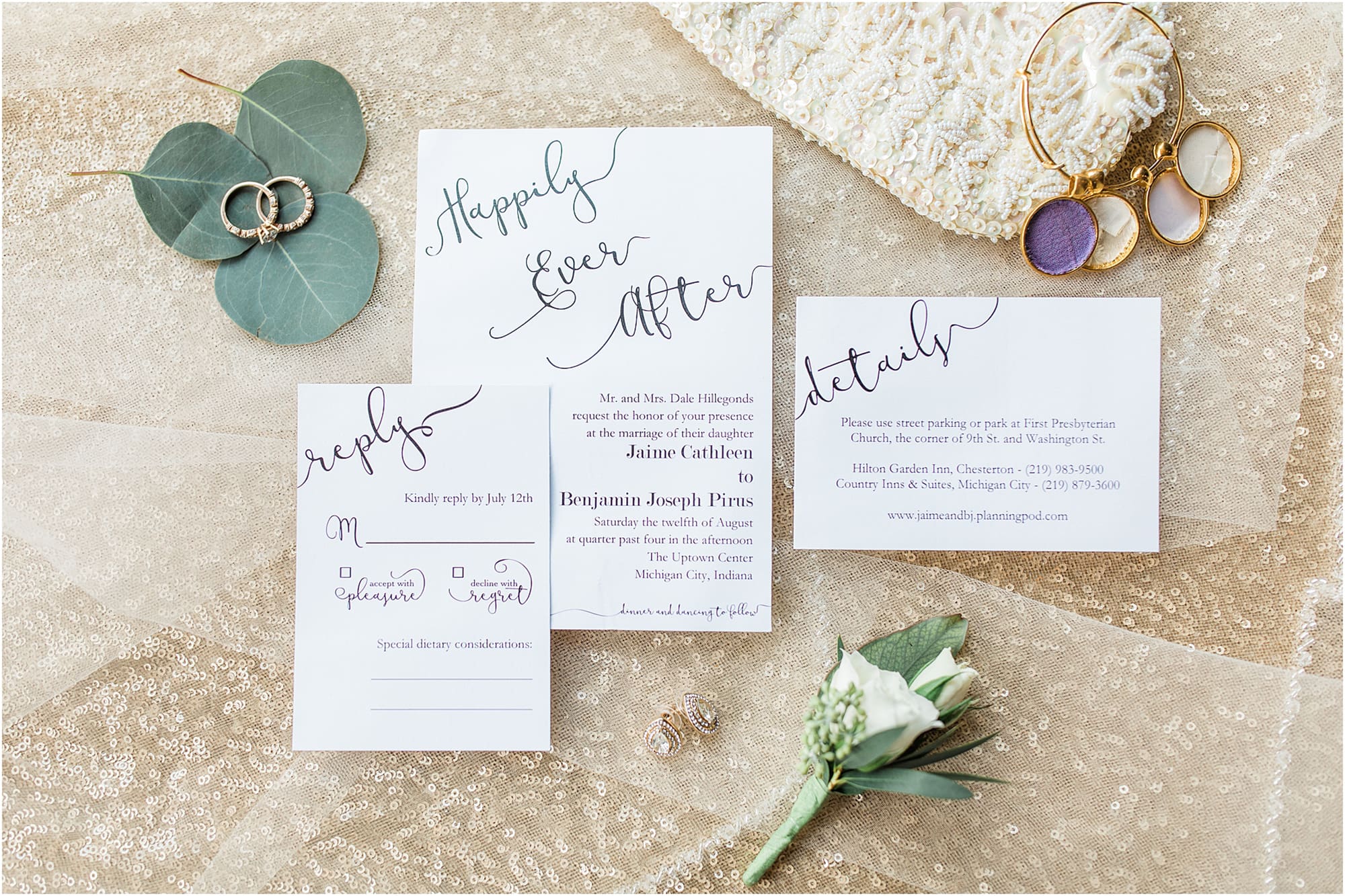 Arielle Peters Photography | Wedding invitations and florals on gold sequin background on wedding day at the Uptown Center in Michigan City, Indiana.