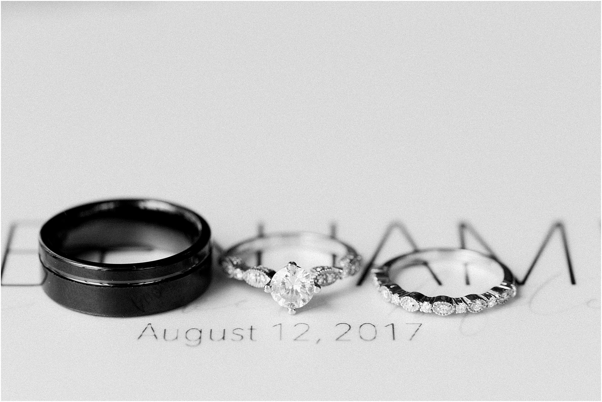 Arielle Peters Photography | Wedding rings on invitation on wedding day at the Uptown Center in Michigan City, Indiana.