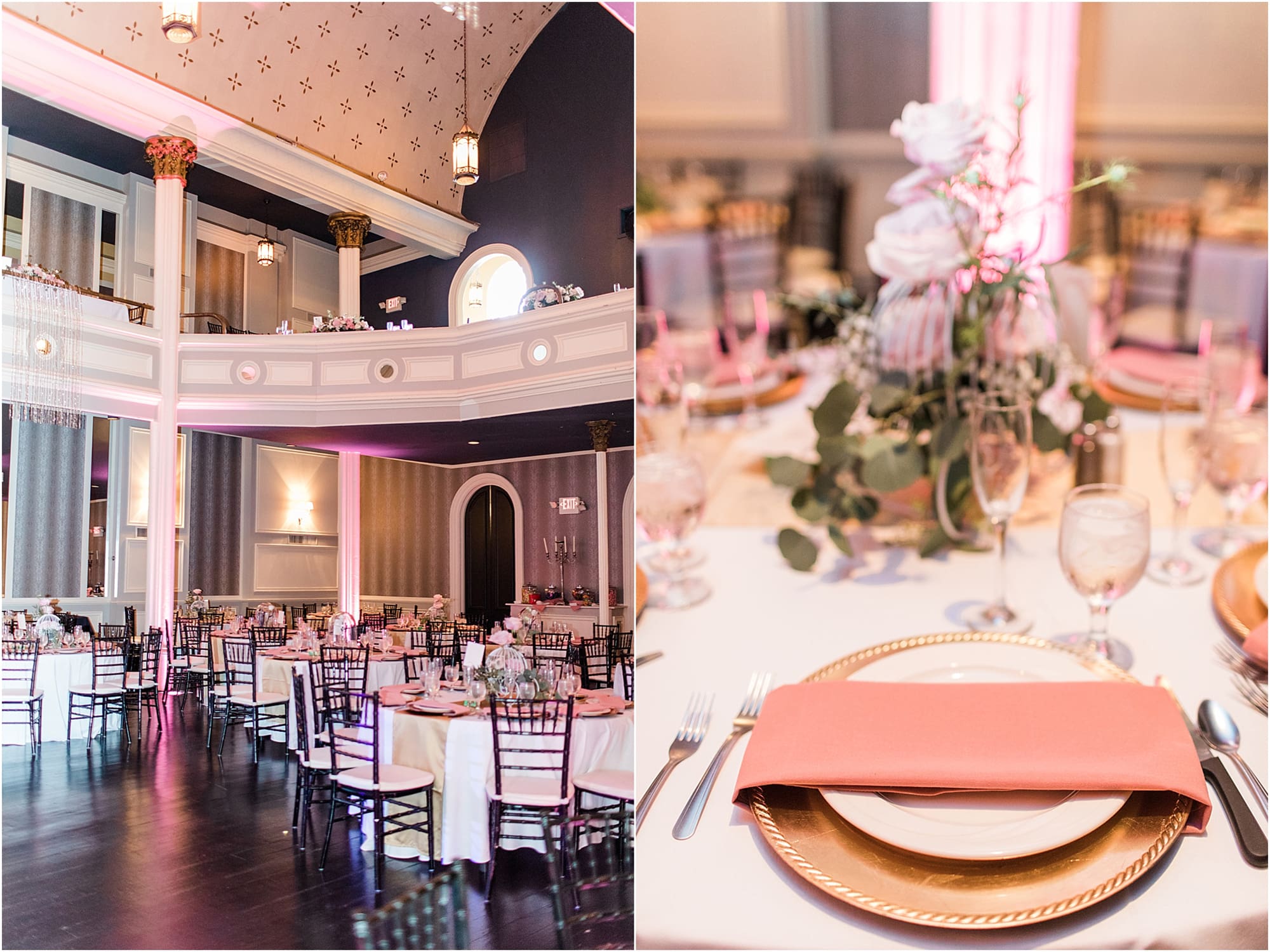 Arielle Peters Photography | Wedding reception table settings and floral arrangements on wedding day at the Uptown Center in Michigan City, Indiana.