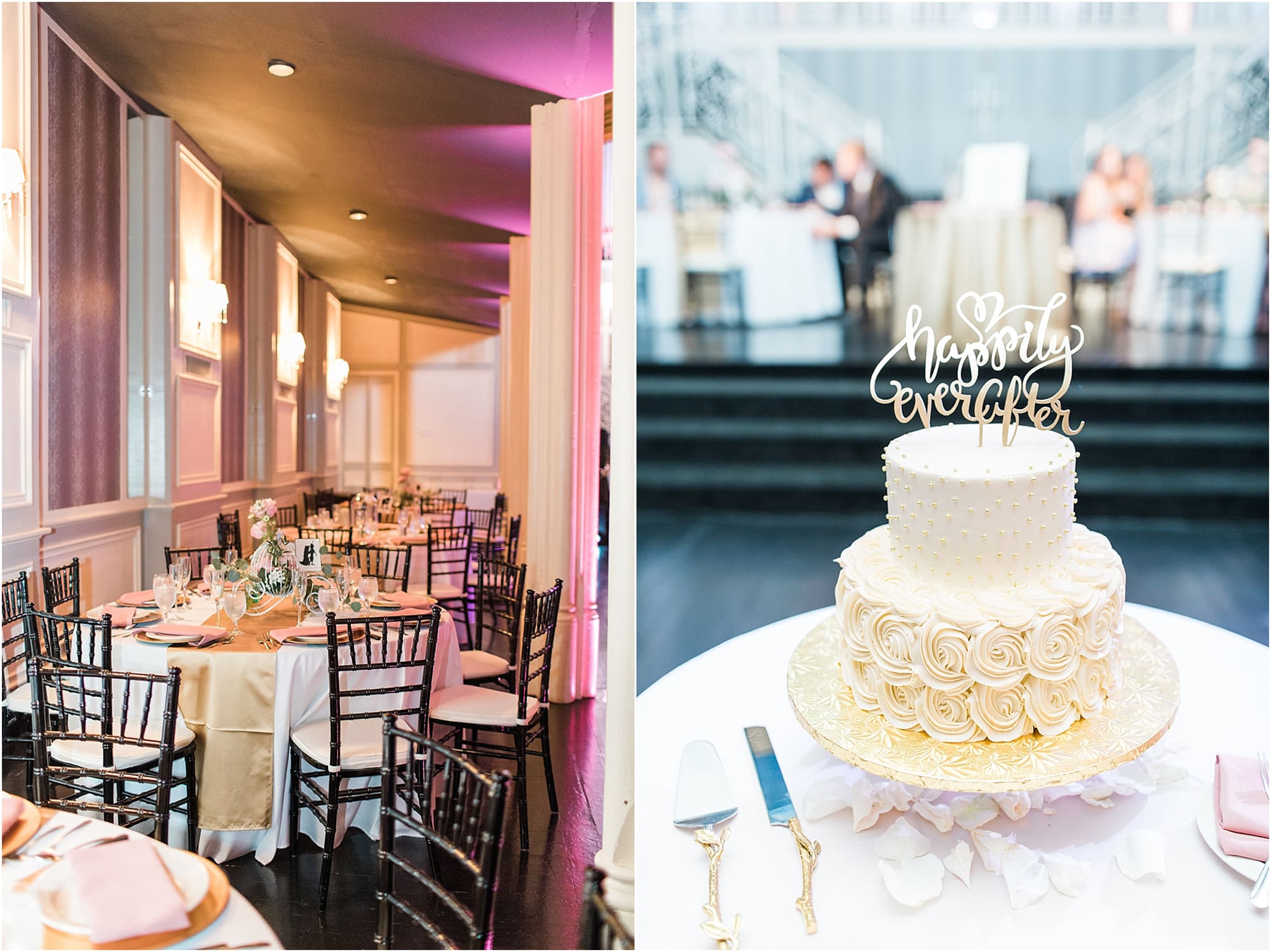 Arielle Peters Photography | Wedding reception table settings and floral arrangements on wedding day at the Uptown Center in Michigan City, Indiana.