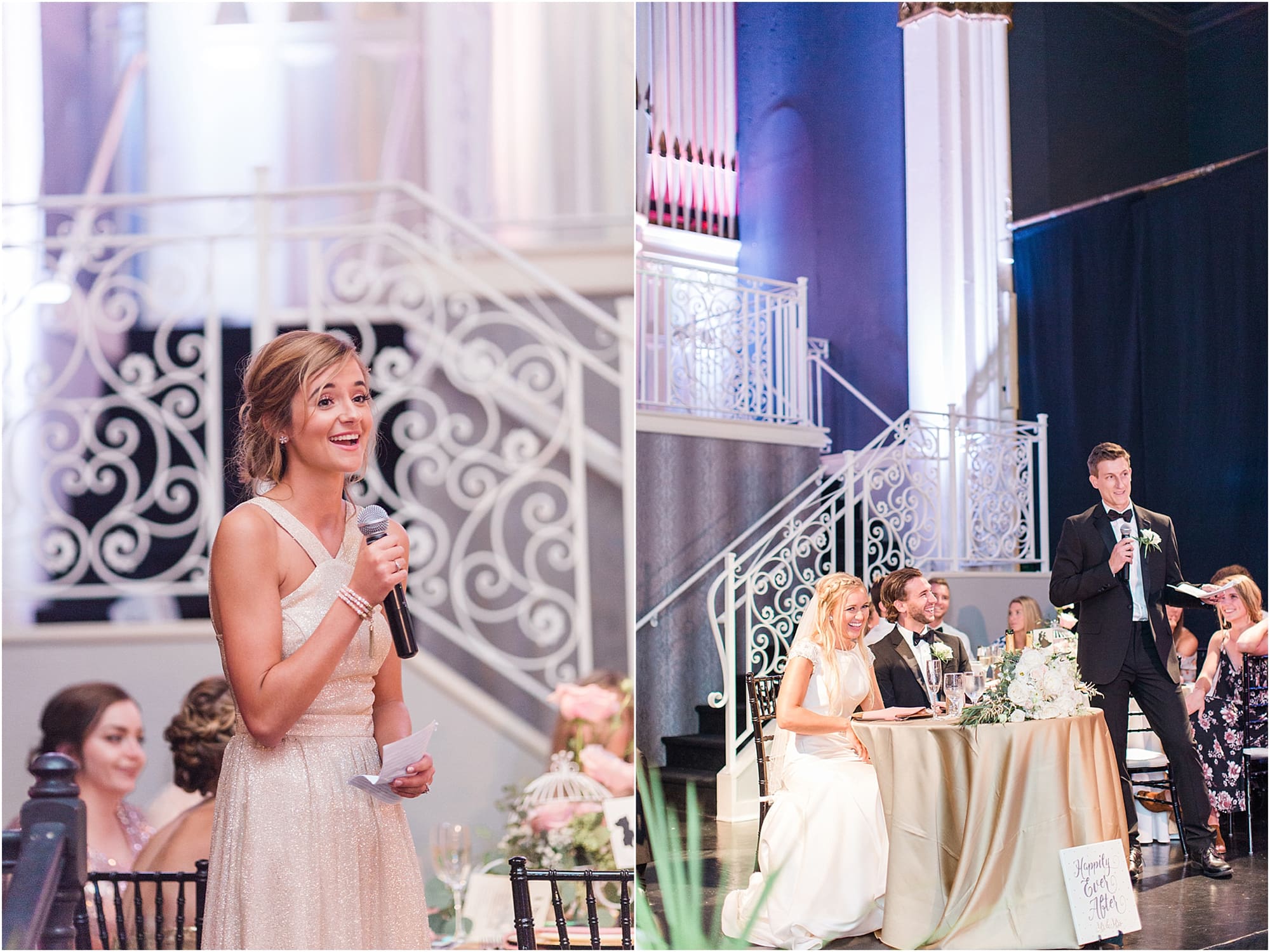 Arielle Peters Photography | Maid of honor giving speech at wedding reception on wedding day at the Uptown Center in Michigan City, Indiana.