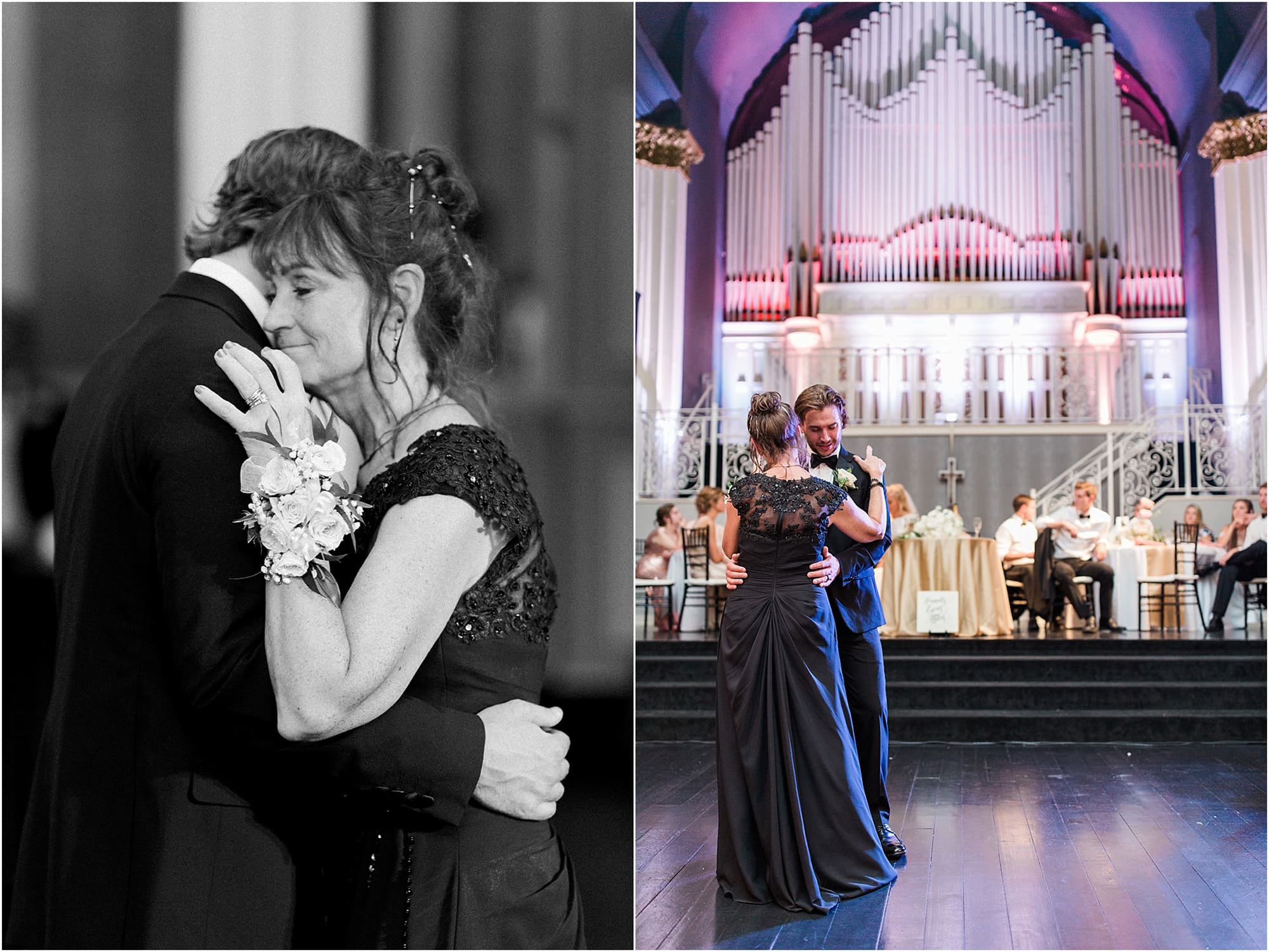 Arielle Peters Photography | Mother of groom and groom sharing a dance at wedding reception on wedding day at the Uptown Center in Michigan City, Indiana.