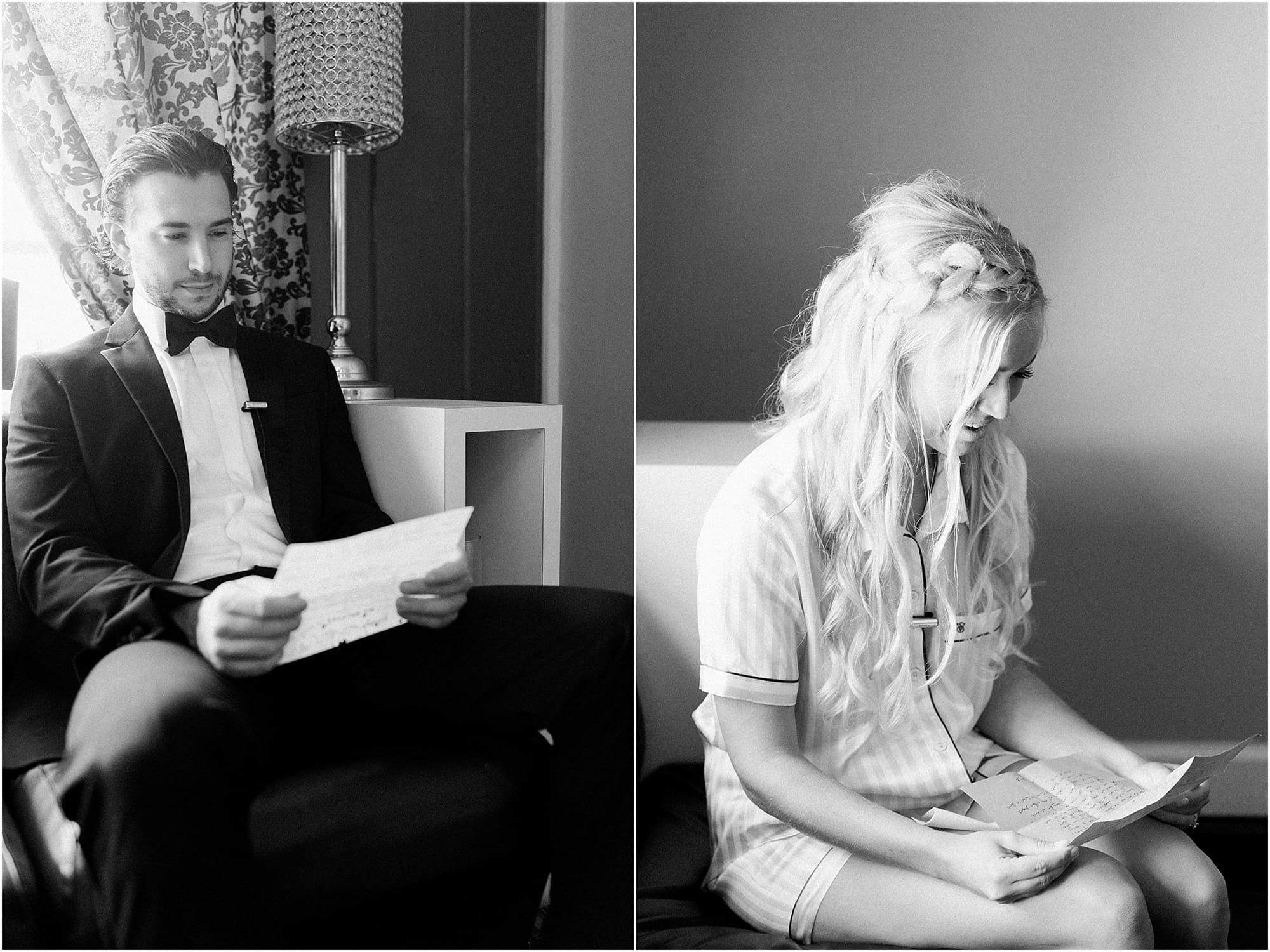 Arielle Peters Photography | Bride and groom reading letters on wedding day at the Uptown Center in Michigan City, Indiana.