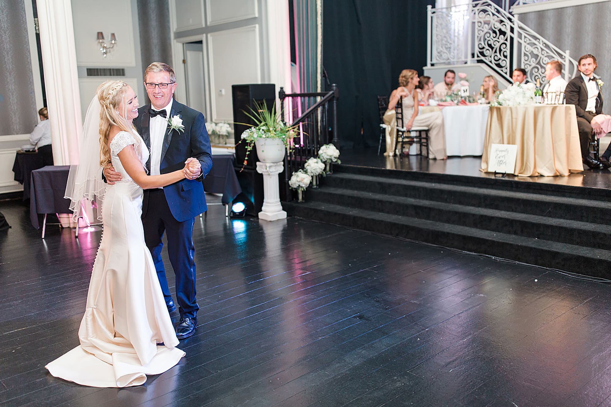 Arielle Peters Photography | Father of bride and bride sharing a dance at wedding reception on wedding day at the Uptown Center in Michigan City, Indiana.