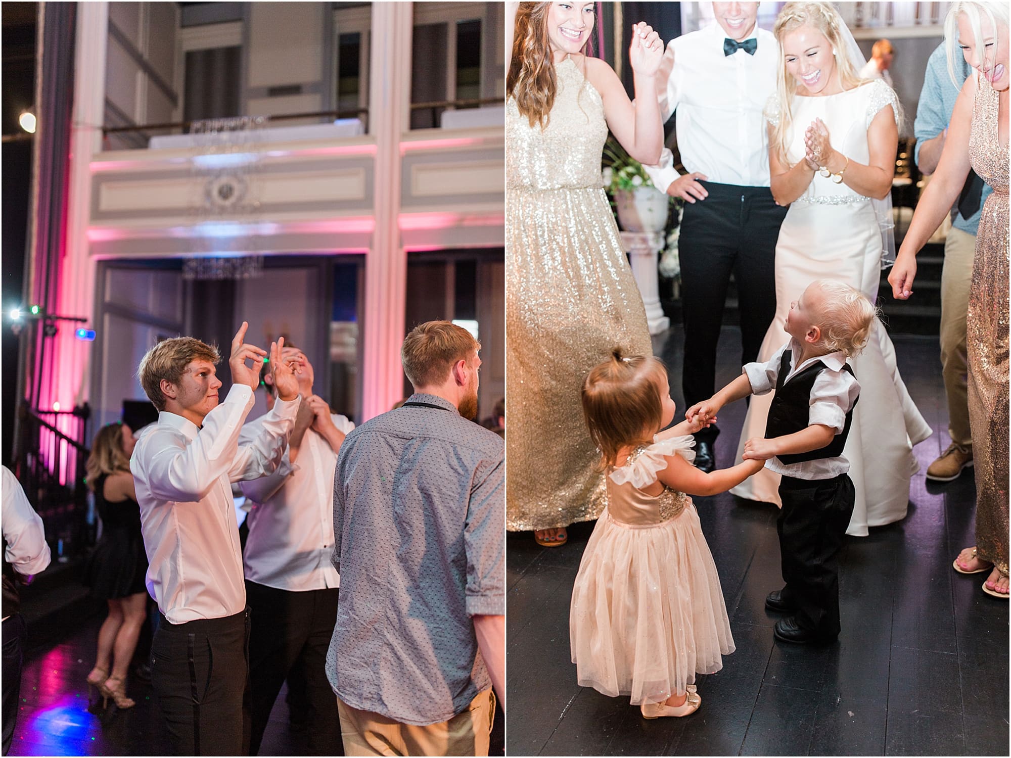 Arielle Peters Photography | Wedding guests dancing at wedding reception on wedding day at the Uptown Center in Michigan City, Indiana.