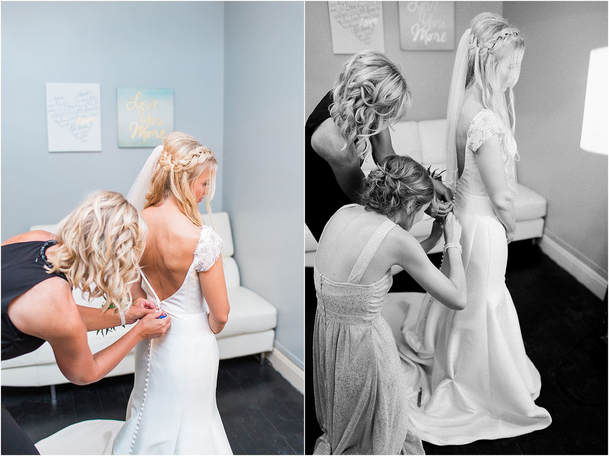 Arielle Peters Photography | Mother of bride helping bride get ready on wedding day at the Uptown Center in Michigan City, Indiana.