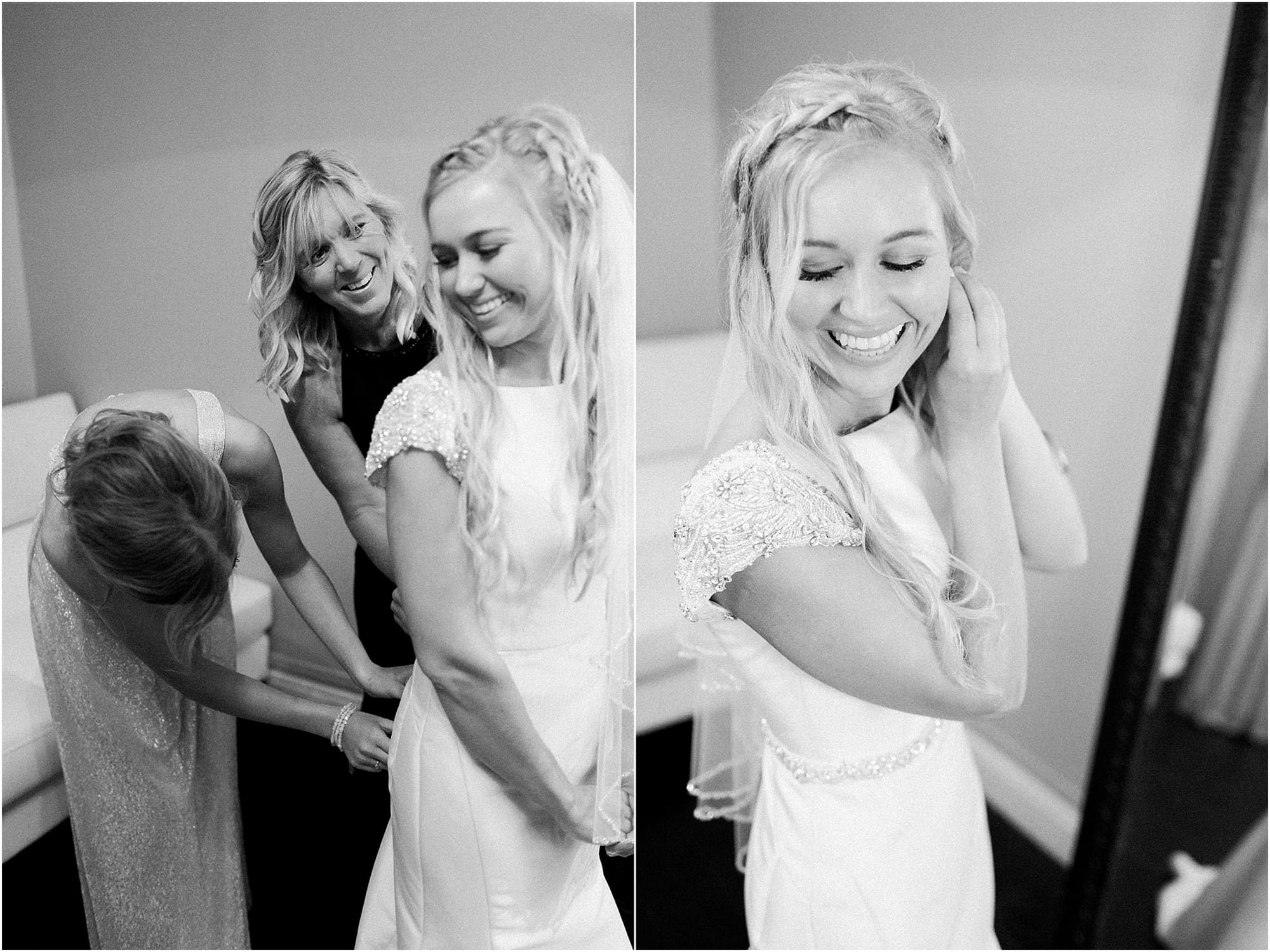 Arielle Peters Photography | Mother of bride helping bride get ready on wedding day at the Uptown Center in Michigan City, Indiana.