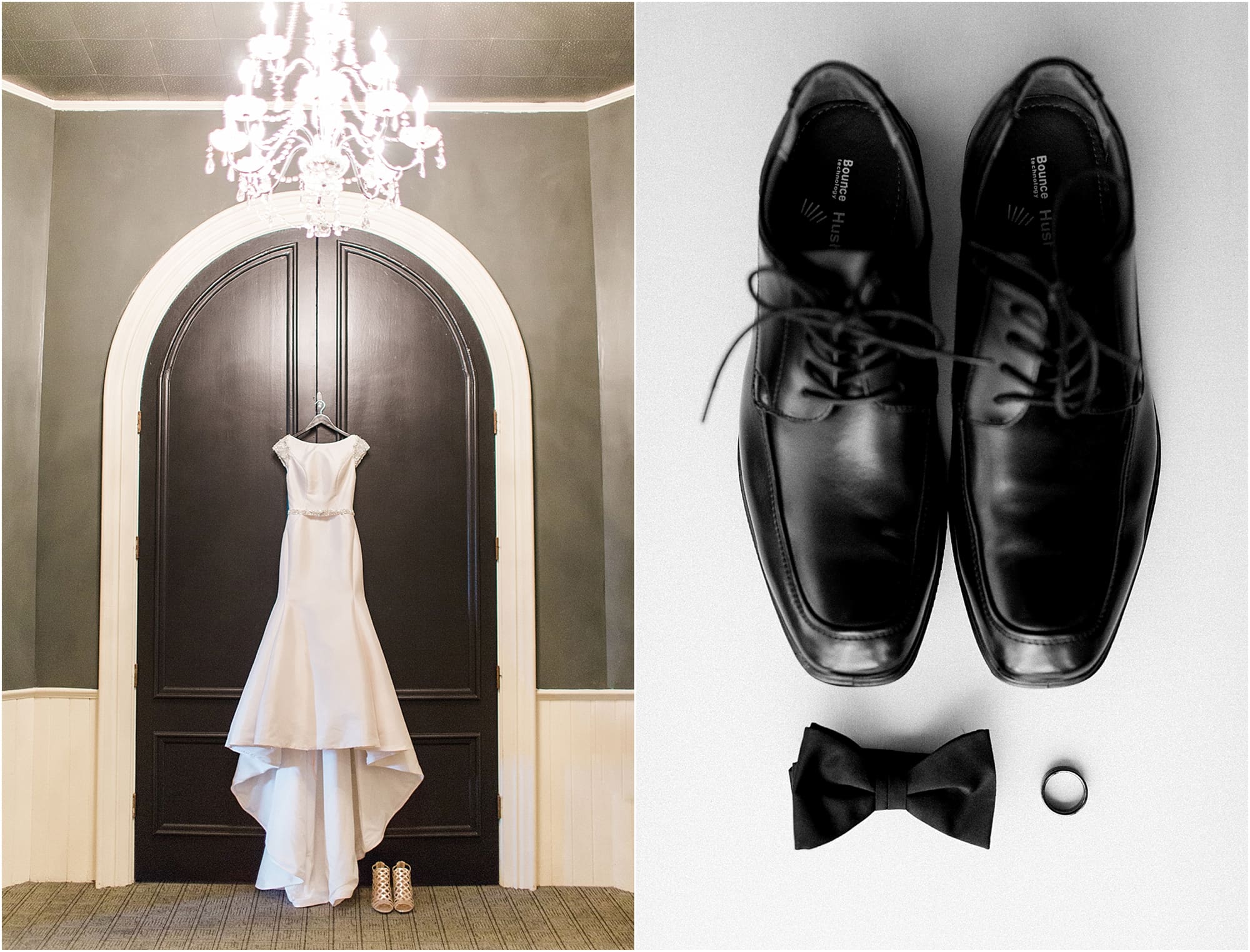 Arielle Peters Photography | Wedding dress hanging in large wooden doorway on wedding day at the Uptown Center in Michigan City, Indiana.