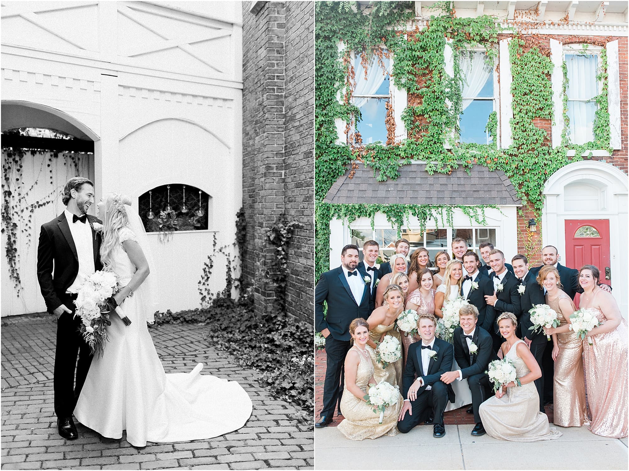 Arielle Peters Photography | Wedding party next to ivy-covered building on wedding day at the Uptown Center in Michigan City, Indiana.