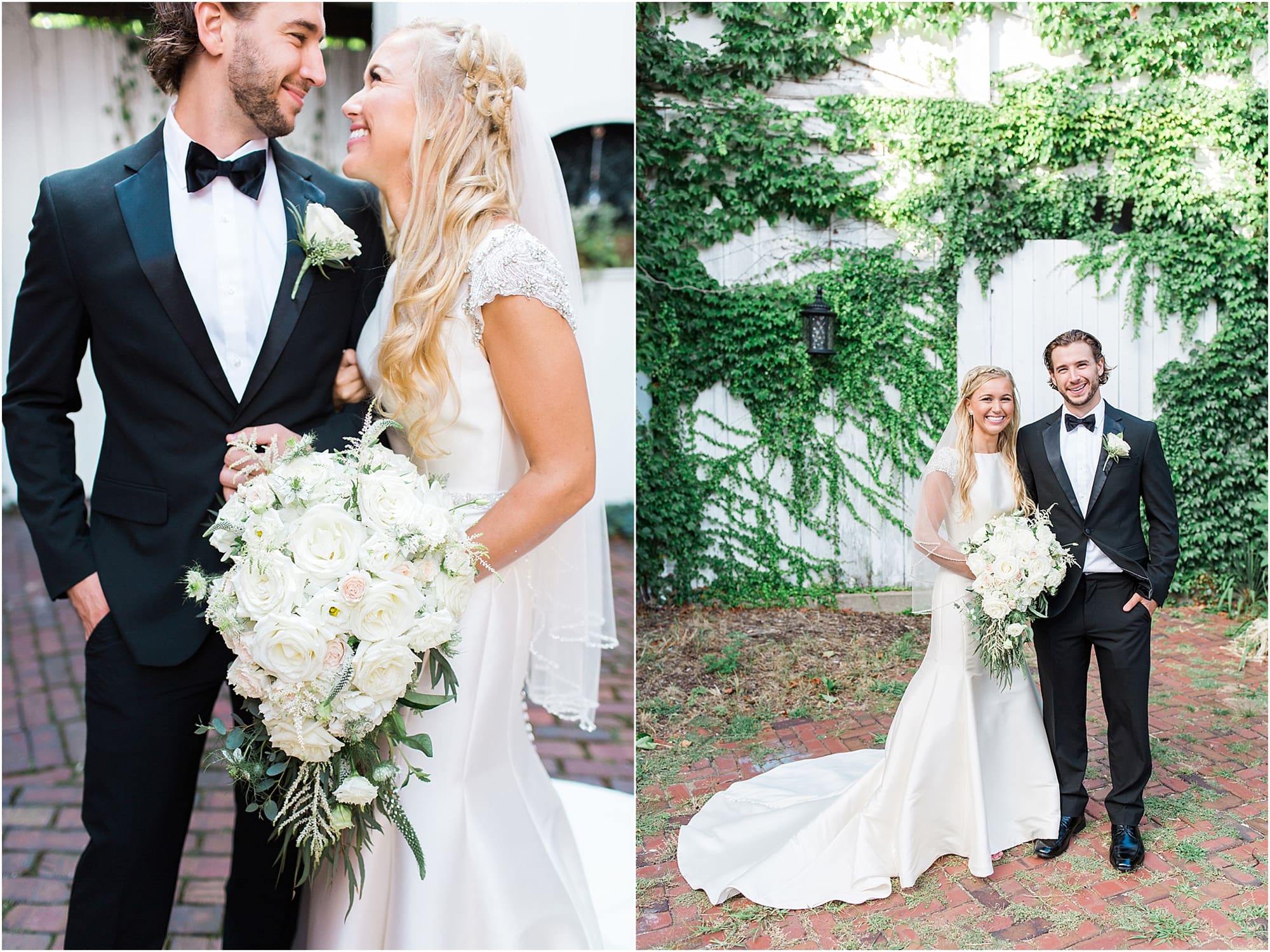 Arielle Peters Photography | Bride and groom next to ivy-covered wall on wedding day at the Uptown Center in Michigan City, Indiana.