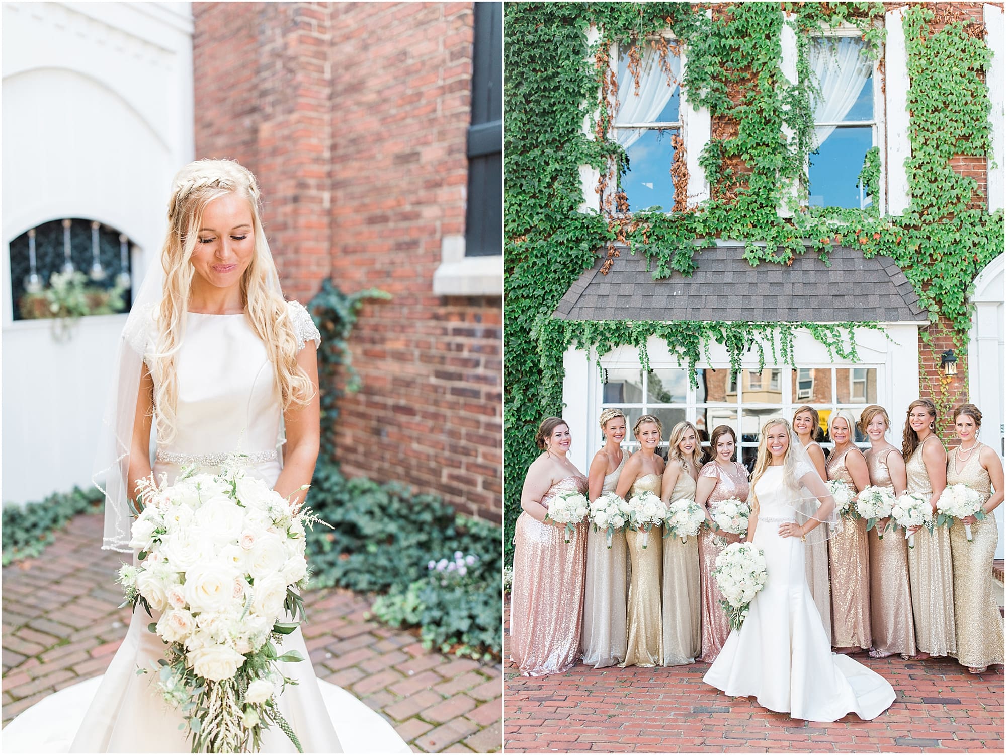 Arielle Peters Photography | Bride and groom next to ivy-covered building on wedding day at the Uptown Center in Michigan City, Indiana.