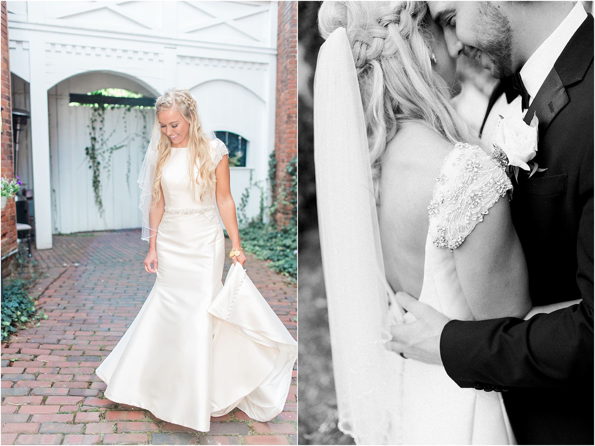 Arielle Peters Photography | Bride and groom next to ivy-covered walls on wedding day at the Uptown Center in Michigan City, Indiana.