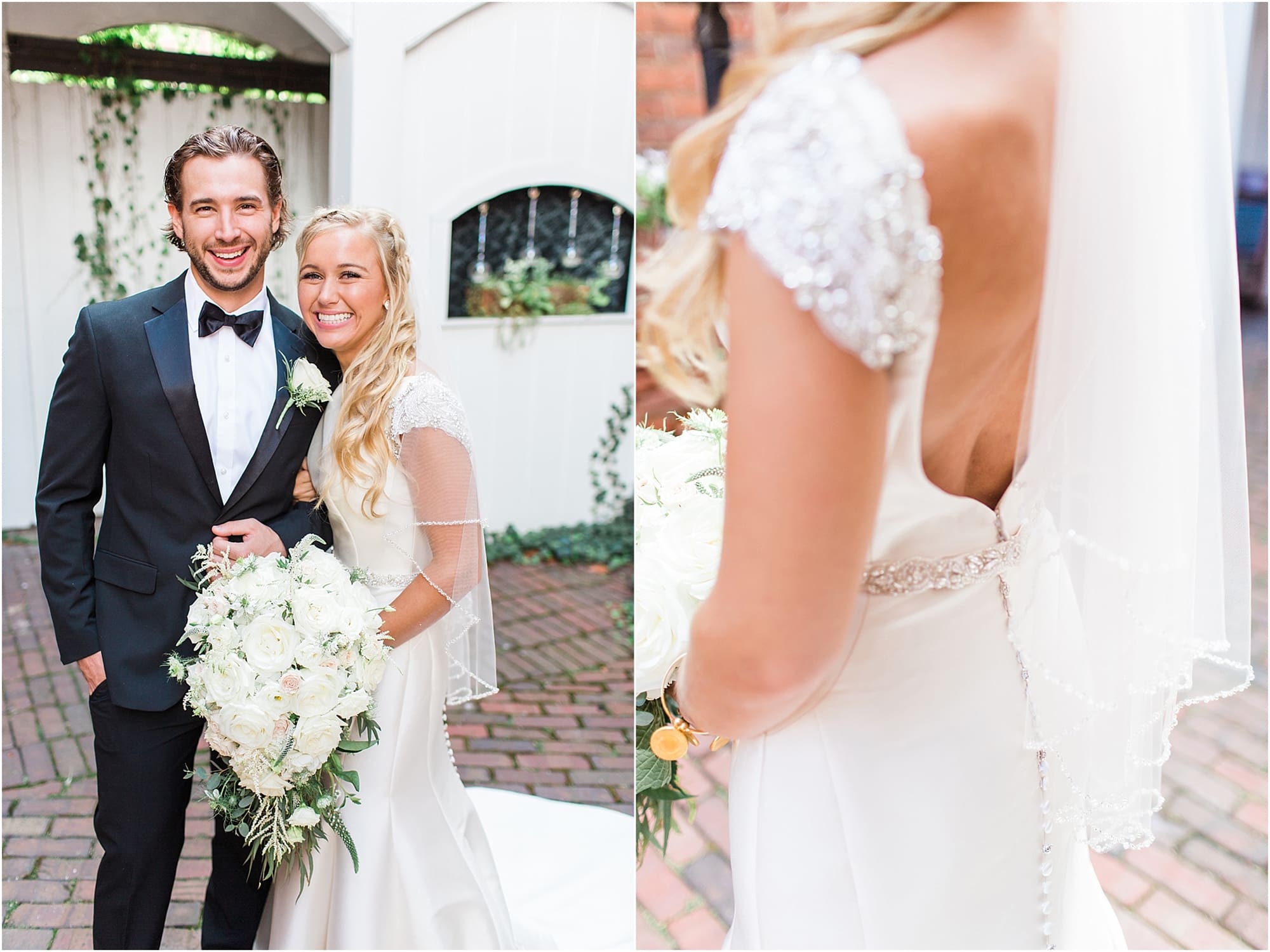 Arielle Peters Photography | Bride and groom next to ivy-covered walls on wedding day at the Uptown Center in Michigan City, Indiana.