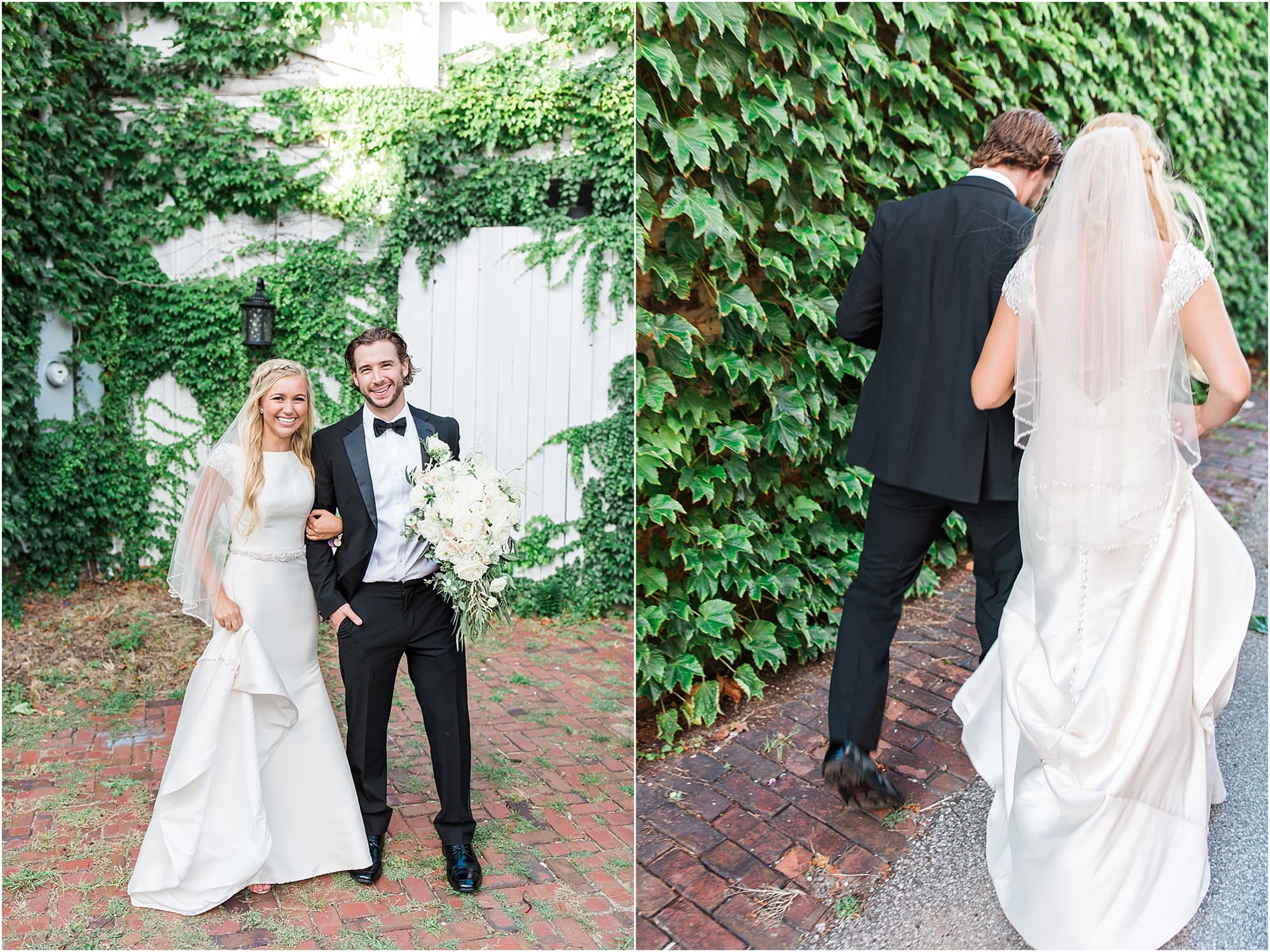 Arielle Peters Photography | Bride and groom next to ivy-covered walls on wedding day at the Uptown Center in Michigan City, Indiana.