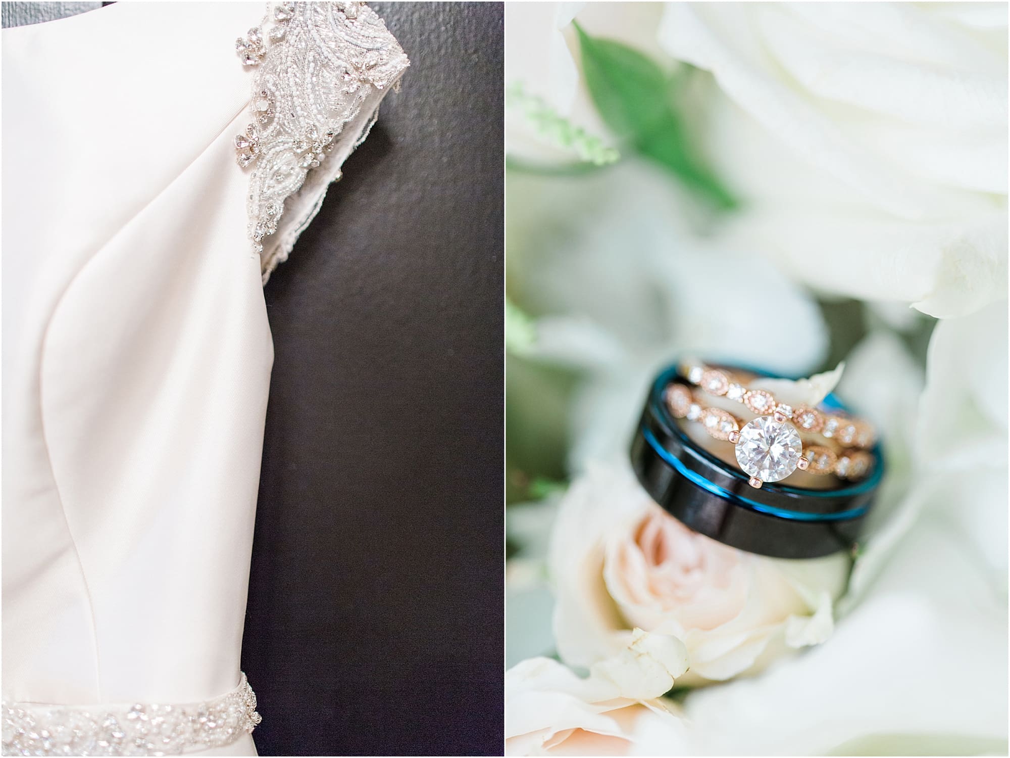 Arielle Peters Photography | Wedding rings on pink roses on wedding day at the Uptown Center in Michigan City, Indiana.