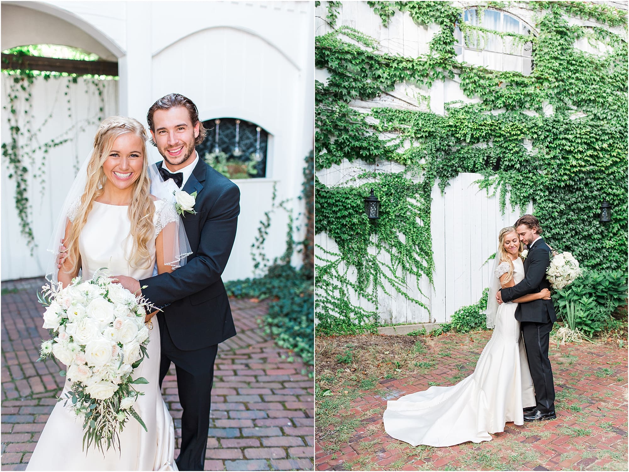 Arielle Peters Photography | Bride and groom next to ivy-covered walls on wedding day at the Uptown Center in Michigan City, Indiana.