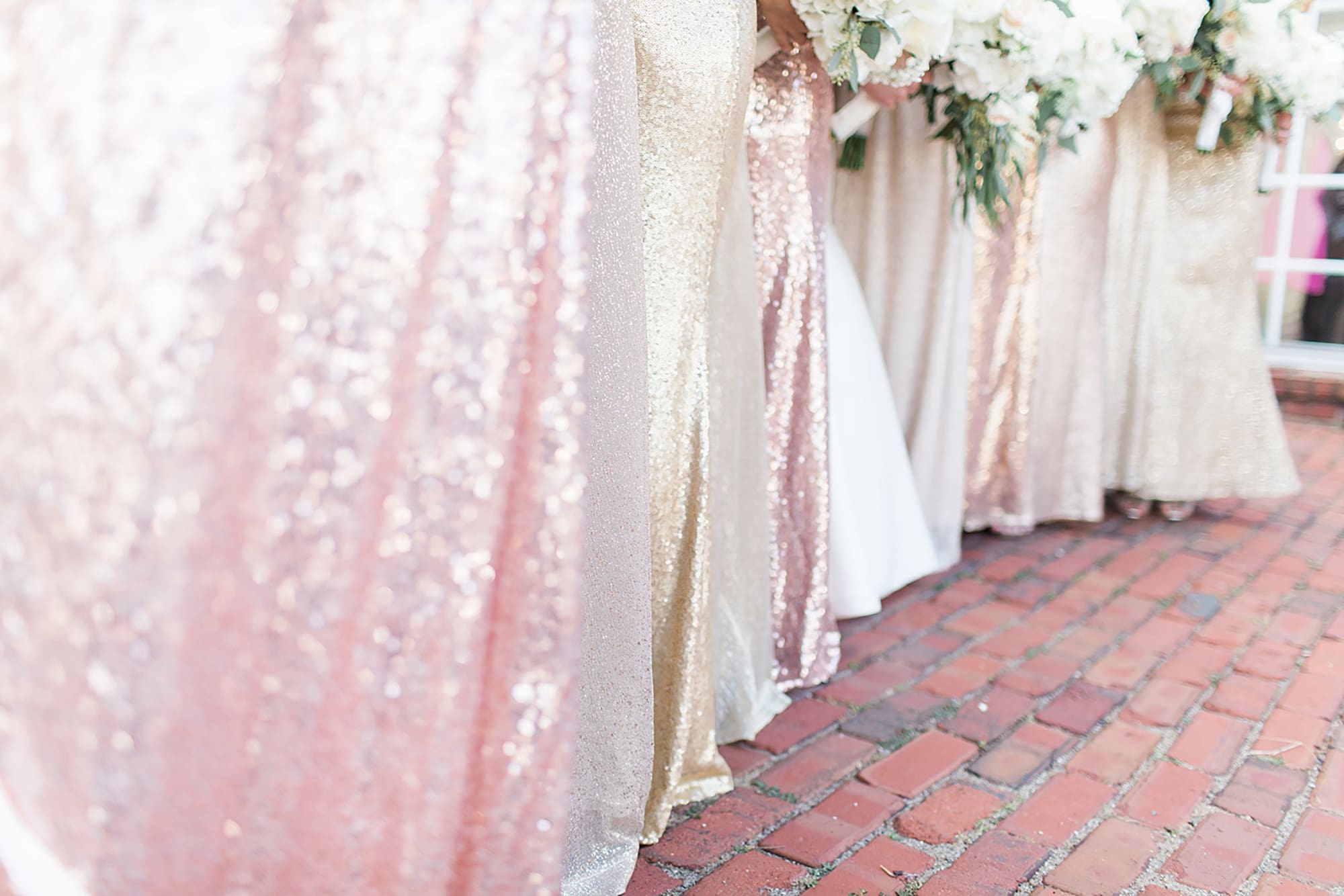 Arielle Peters Photography | Sparkly bridesmaids dresses on wedding day at the Uptown Center in Michigan City, Indiana.