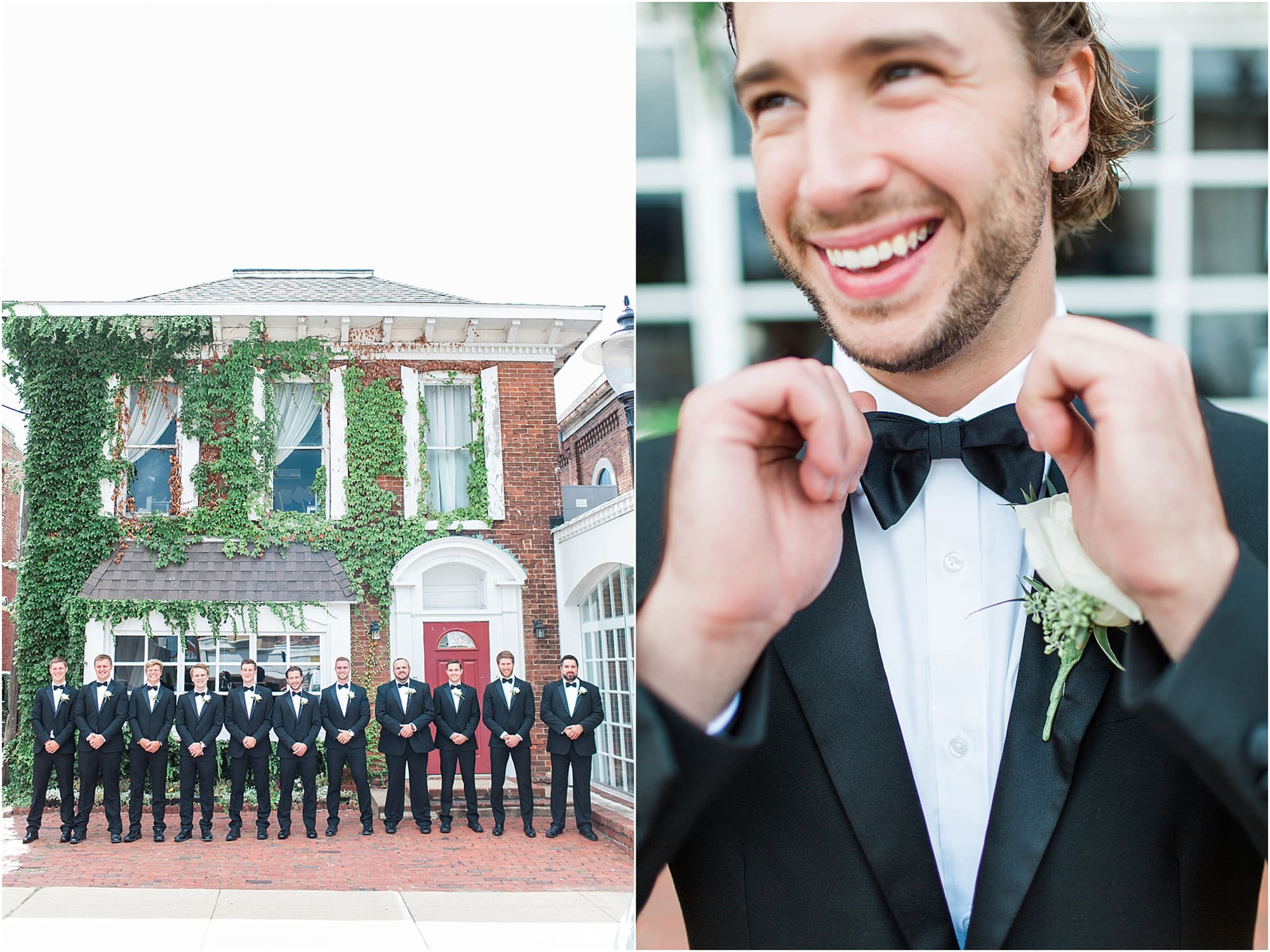 Arielle Peters Photography | Groom and groomsmen next to ivy-covered building on wedding day at the Uptown Center in Michigan City, Indiana.