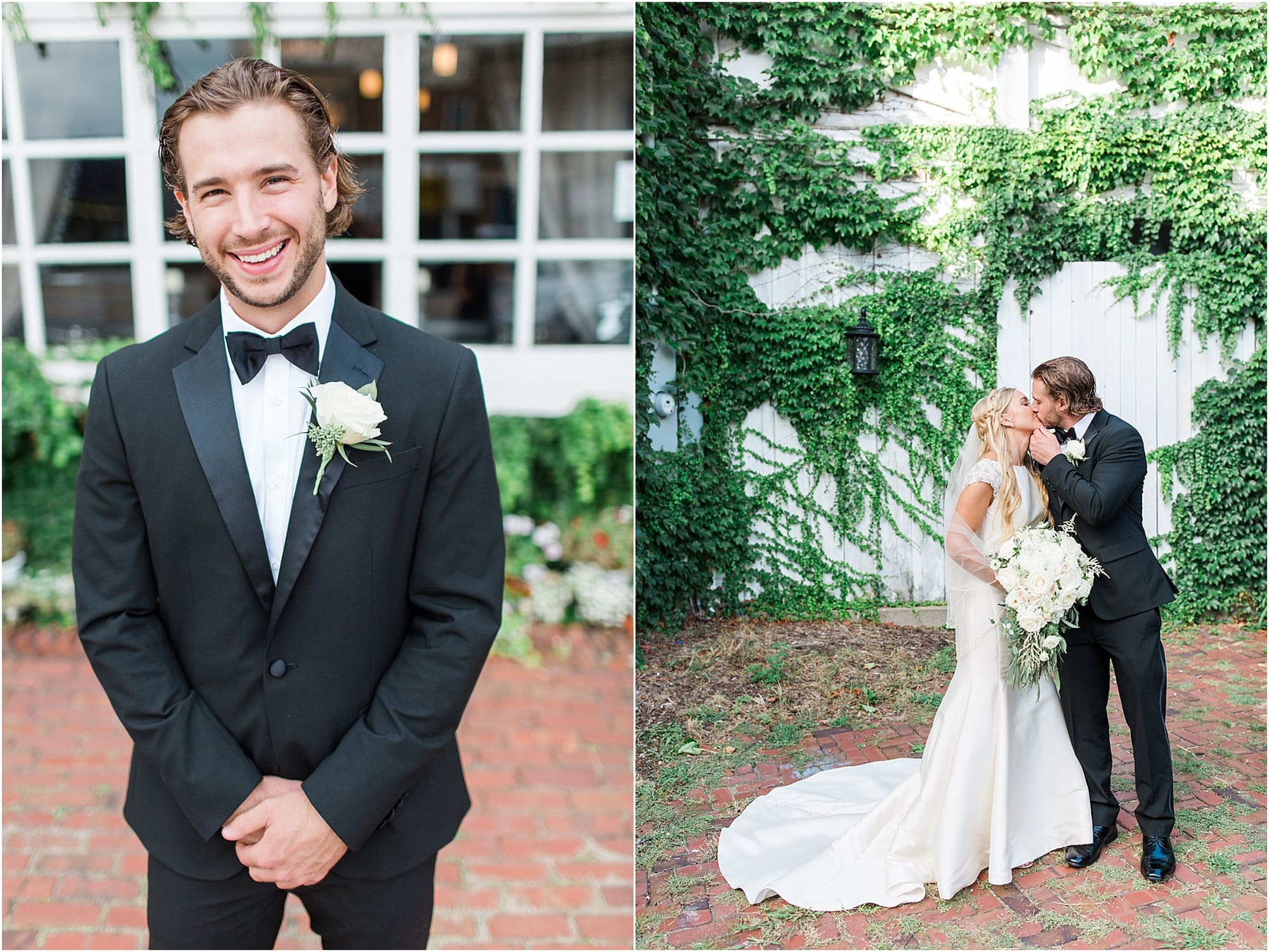 Arielle Peters Photography | Bride and groom kissing next to ivy-covered walls on wedding day at the Uptown Center in Michigan City, Indiana.