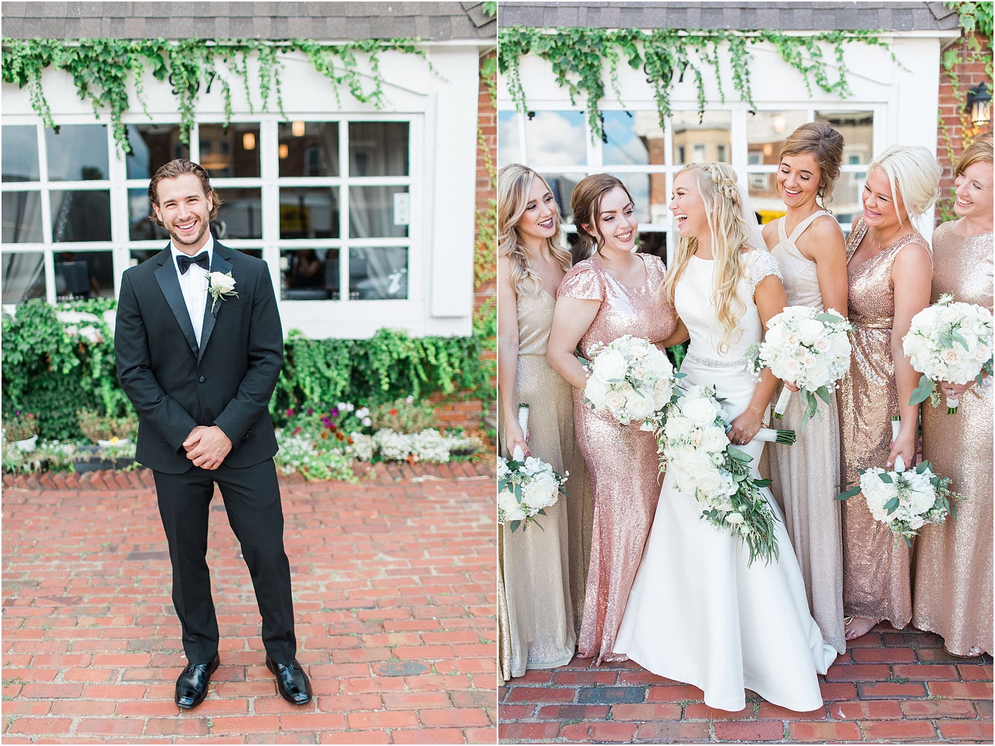 Arielle Peters Photography | Bride and bridesmaids next to ivy-covered winsows on wedding day at the Uptown Center in Michigan City, Indiana.
