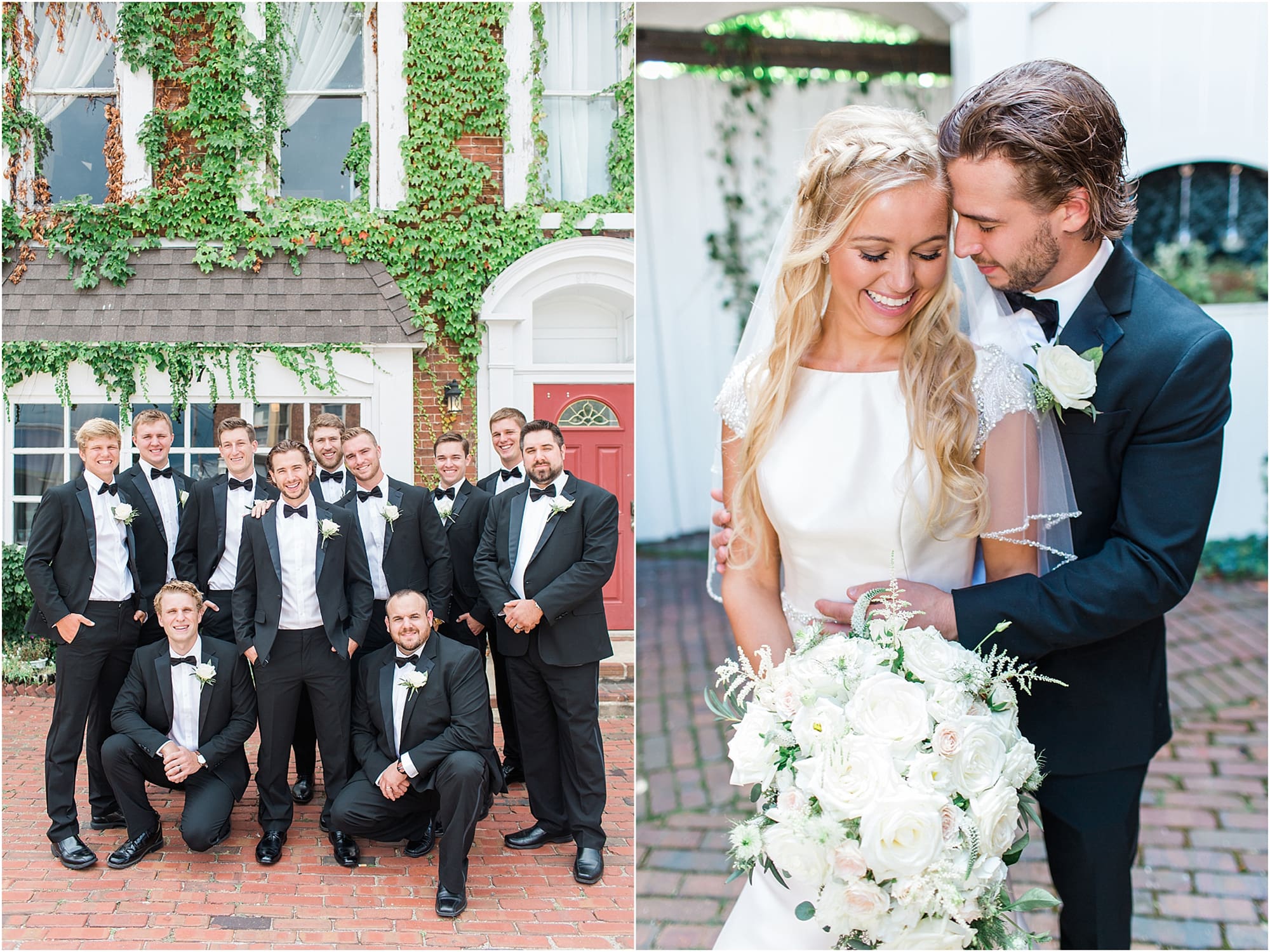 Arielle Peters Photography | Groom and groomsmen next to ivy-covered building on wedding day at the Uptown Center in Michigan City, Indiana.