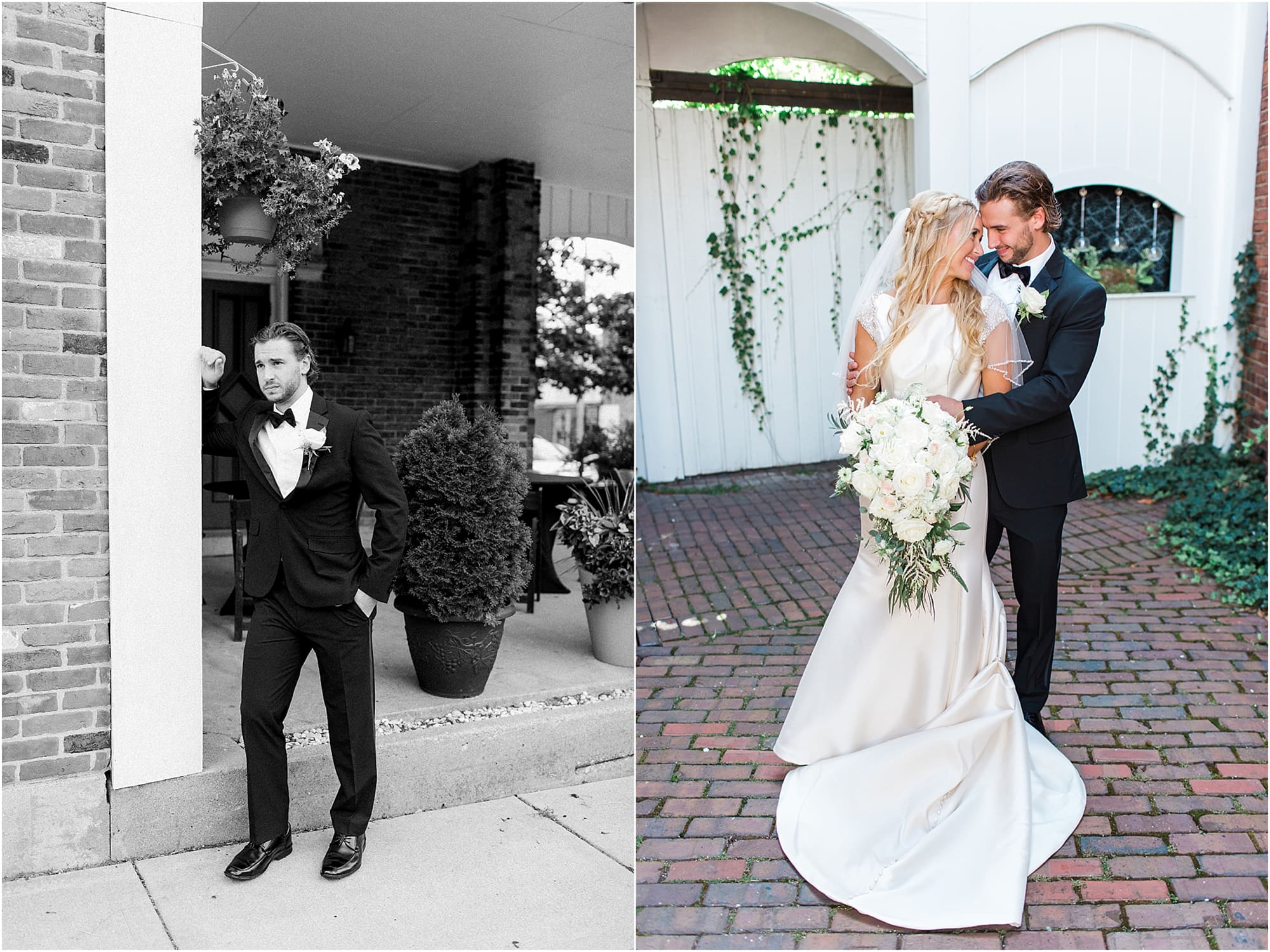 Arielle Peters Photography | Bride and groom next to ivy-covered brick on wedding day at the Uptown Center in Michigan City, Indiana.