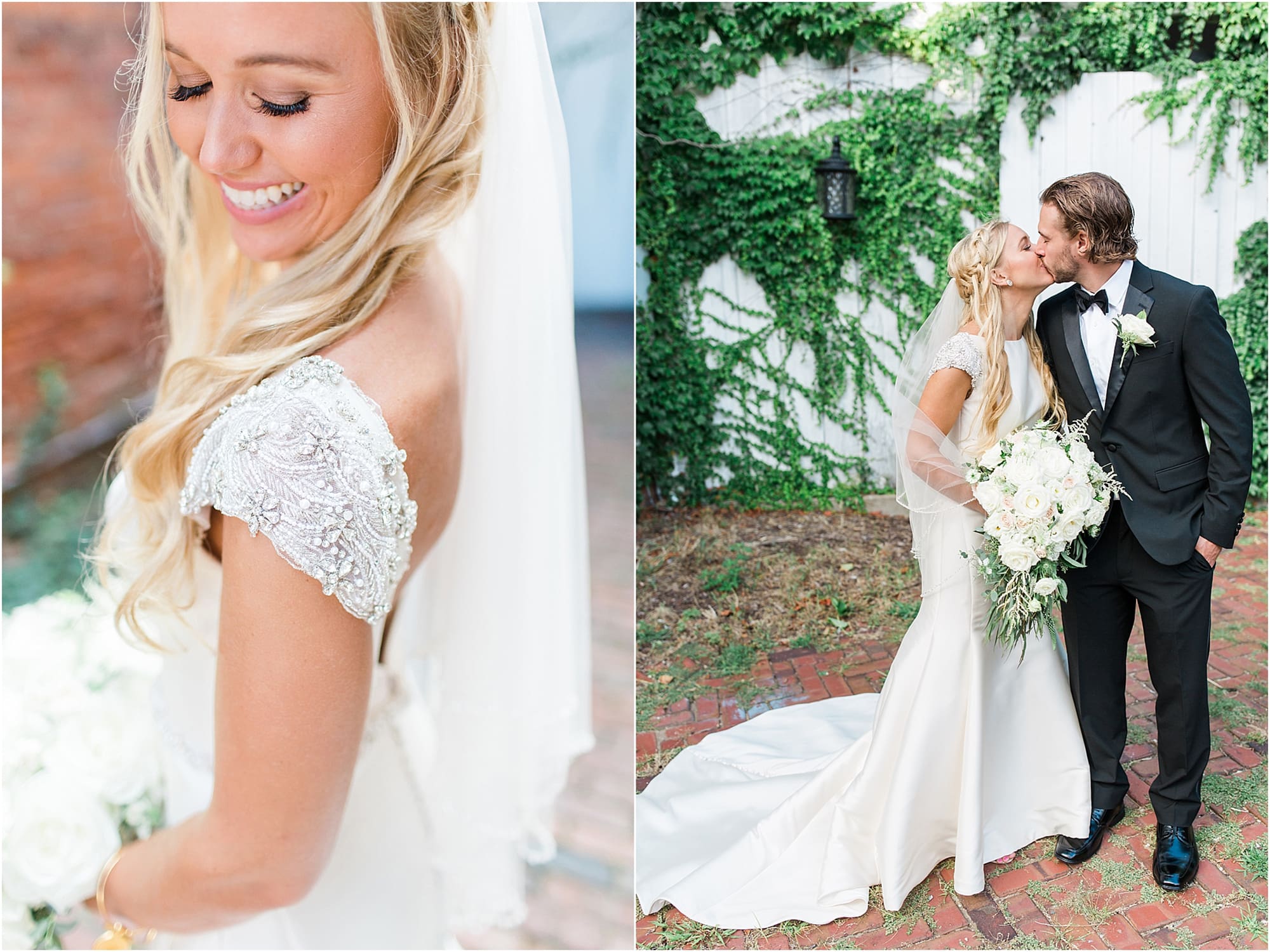 Arielle Peters Photography | Bride and groom next to ivy-covered building on wedding day at the Uptown Center in Michigan City, Indiana.