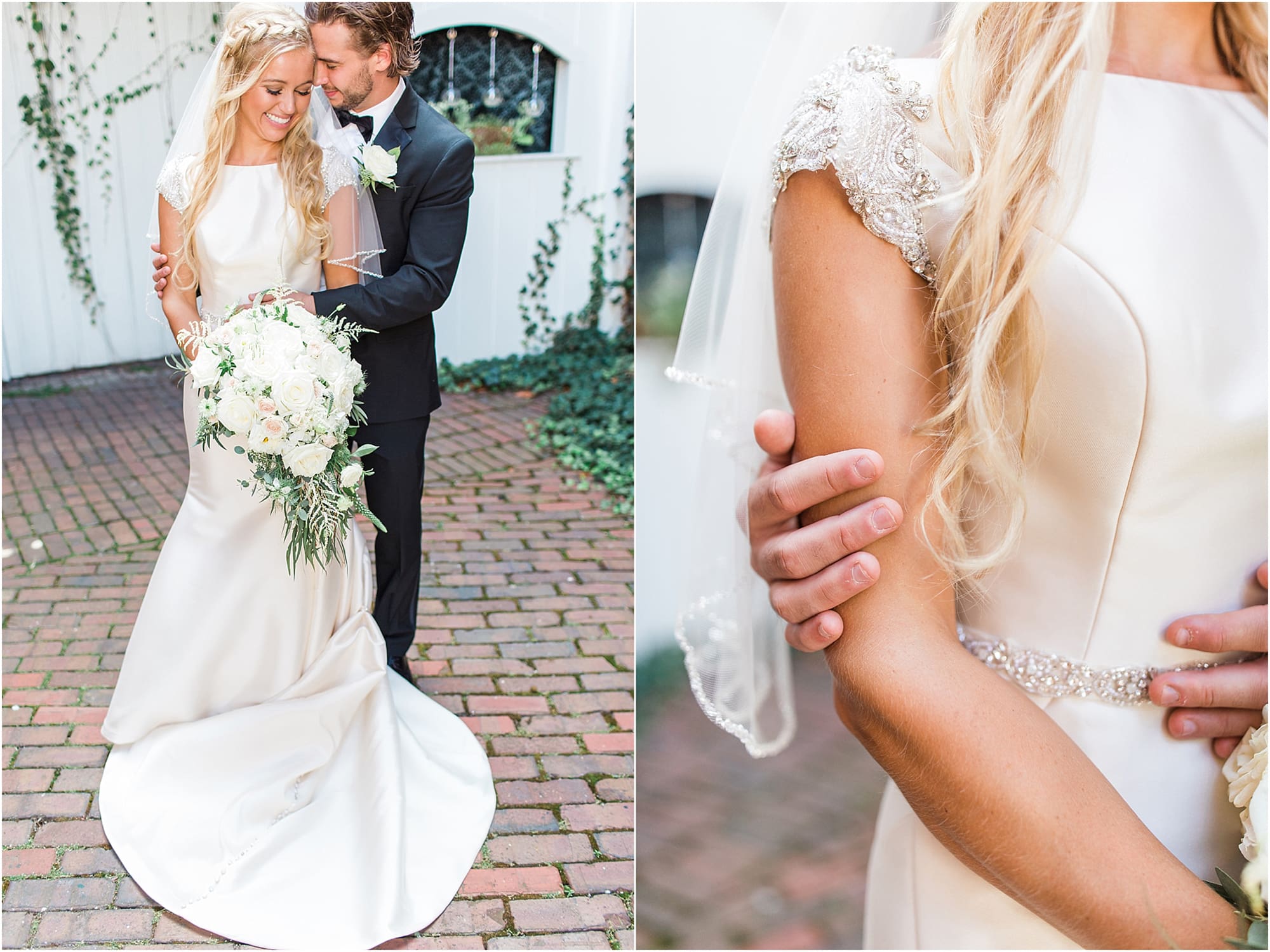 Arielle Peters Photography | Bride and groom next to ivy-covered building on wedding day at the Uptown Center in Michigan City, Indiana.