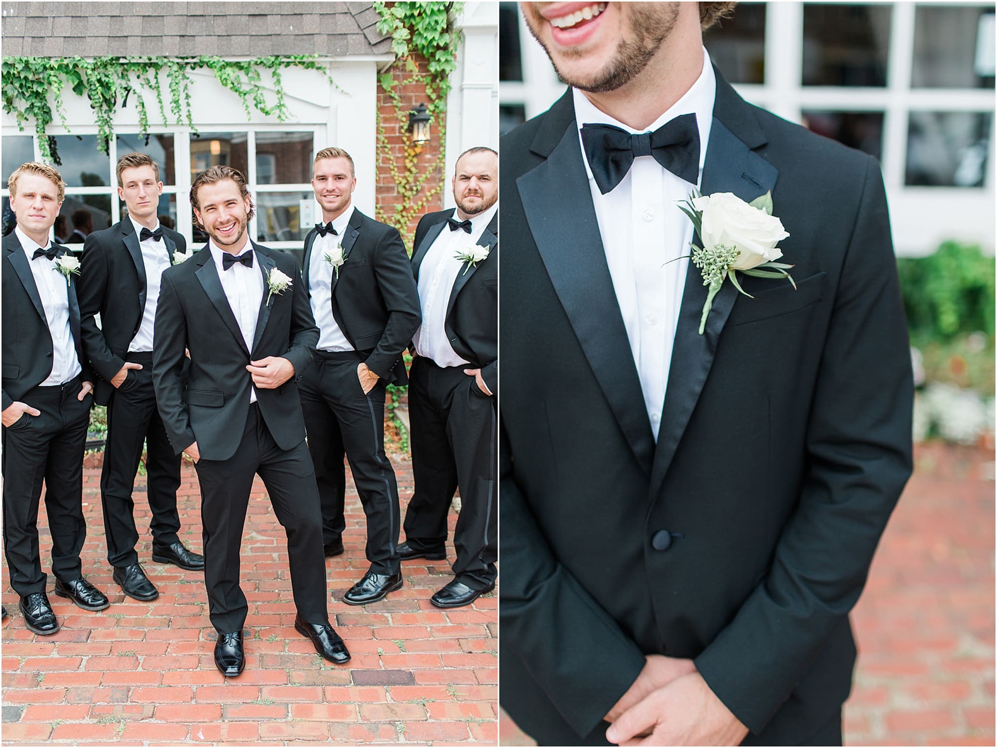 Arielle Peters Photography | Groom and groomsmen next to ivy-covered walls on wedding day at the Uptown Center in Michigan City, Indiana.