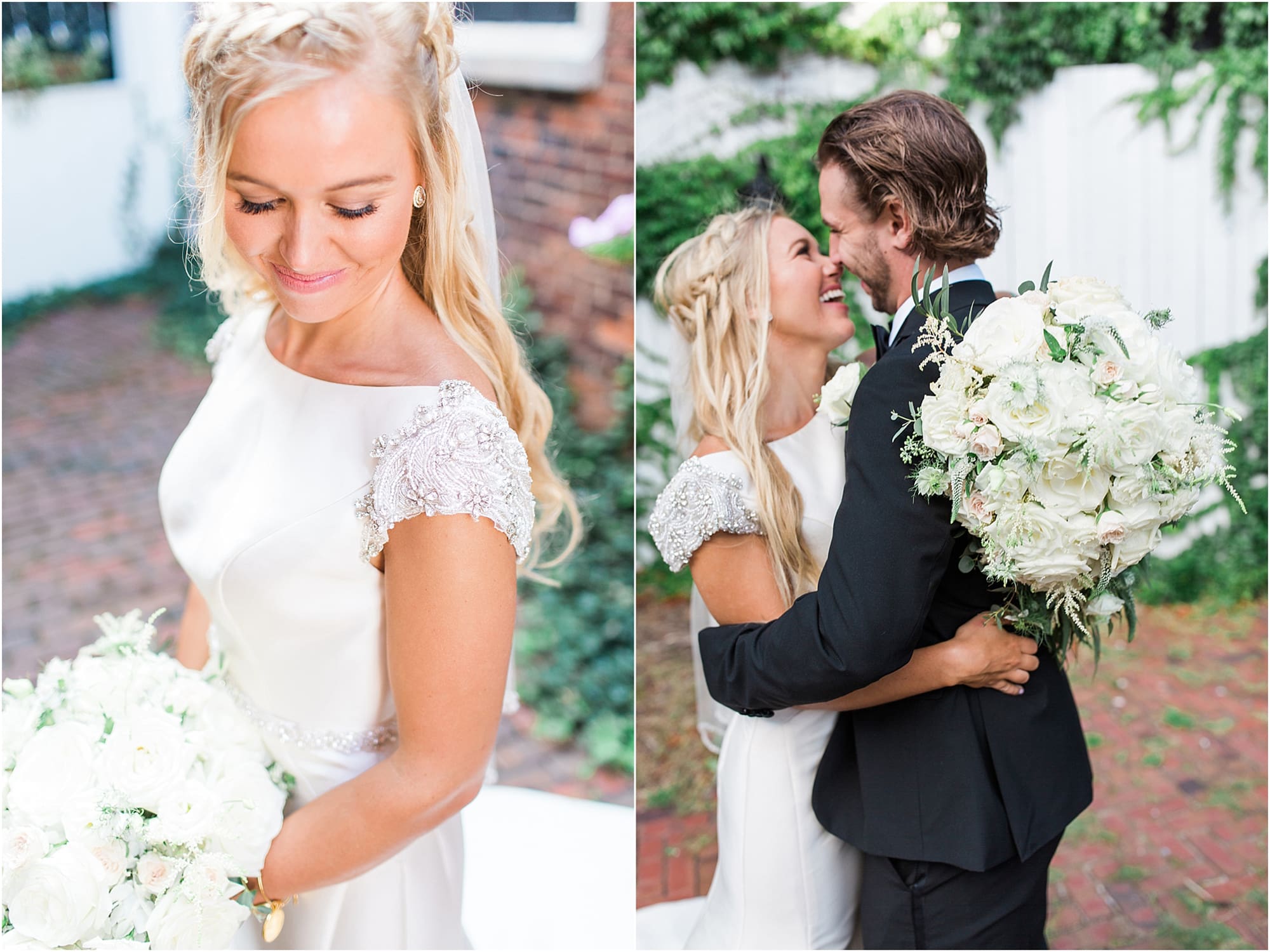 Arielle Peters Photography | Bride and groom next to ivy-covered walls on wedding day at the Uptown Center in Michigan City, Indiana.