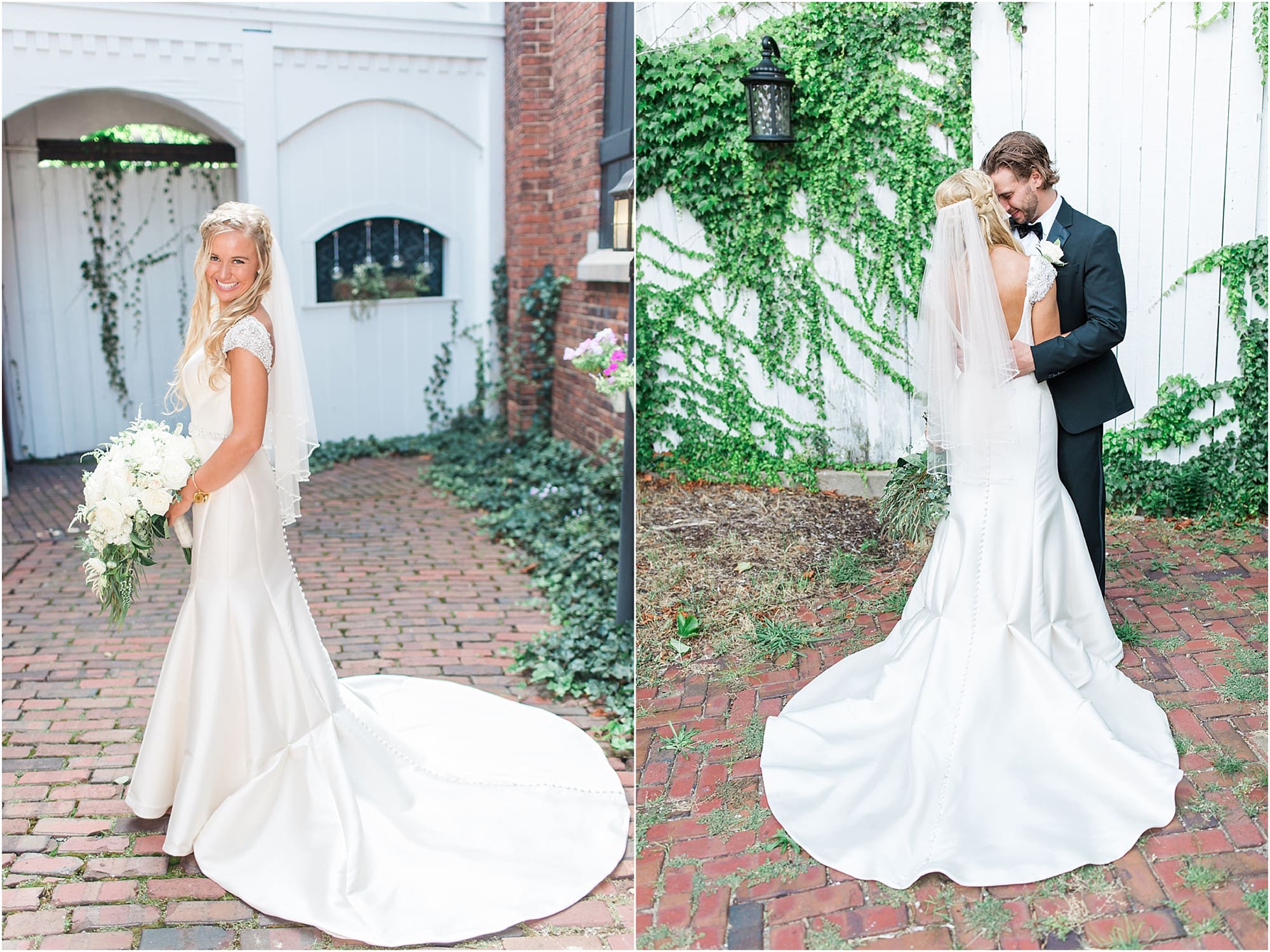 Arielle Peters Photography | Bride and groom next to ivy-covered building on wedding day at the Uptown Center in Michigan City, Indiana.