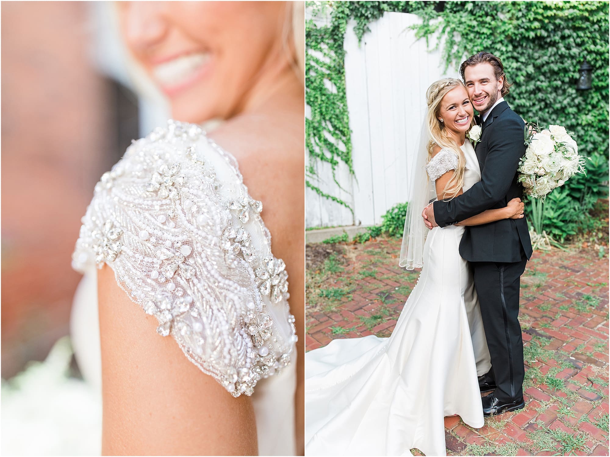 Arielle Peters Photography | Bride and groom next to ivy-covered walls on wedding day at the Uptown Center in Michigan City, Indiana.