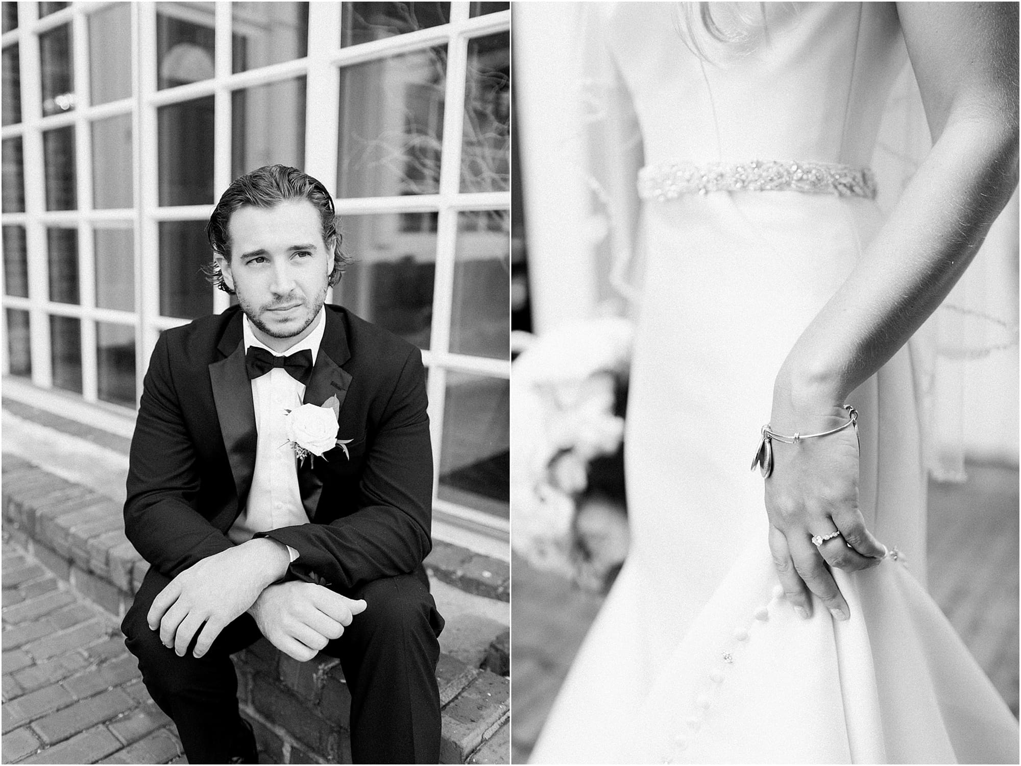 Arielle Peters Photography | Bride and groom next to ivy-covered windows on wedding day at the Uptown Center in Michigan City, Indiana.