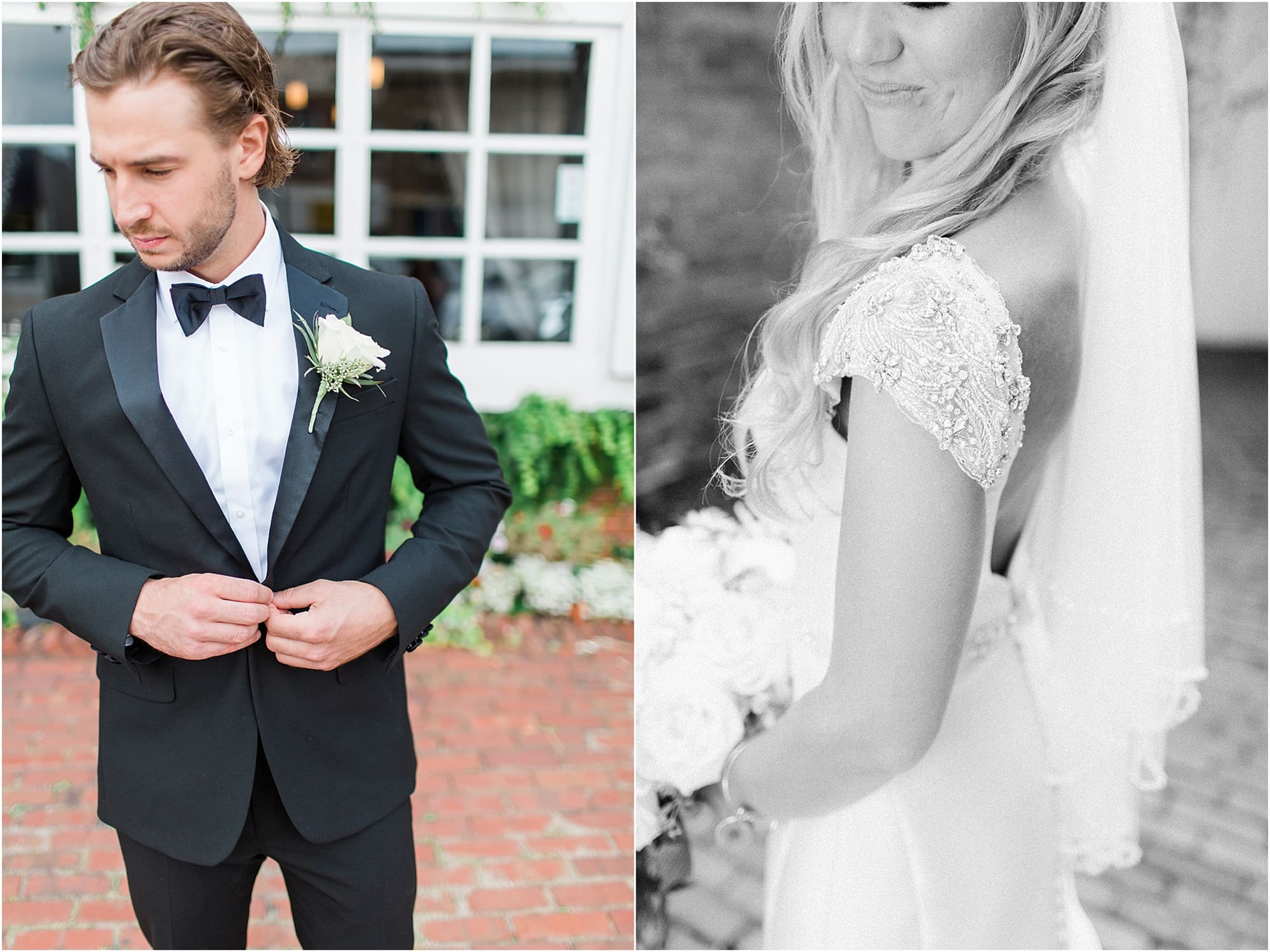 Arielle Peters Photography | Bride and groom next to ivy-covered windows on wedding day at the Uptown Center in Michigan City, Indiana.
