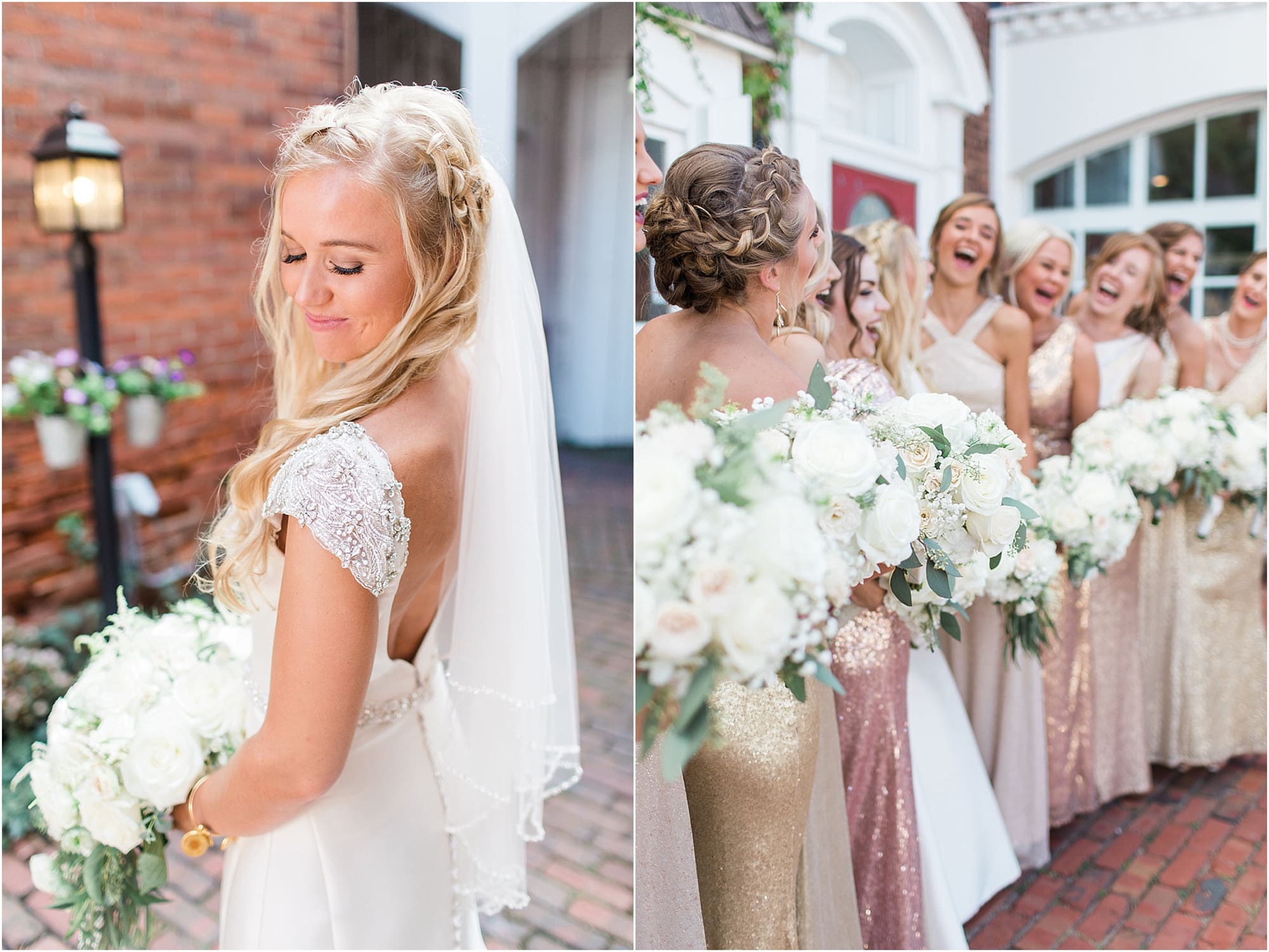 Arielle Peters Photography | Bride and bridesmaids next to ivy-covered building on wedding day at the Uptown Center in Michigan City, Indiana.