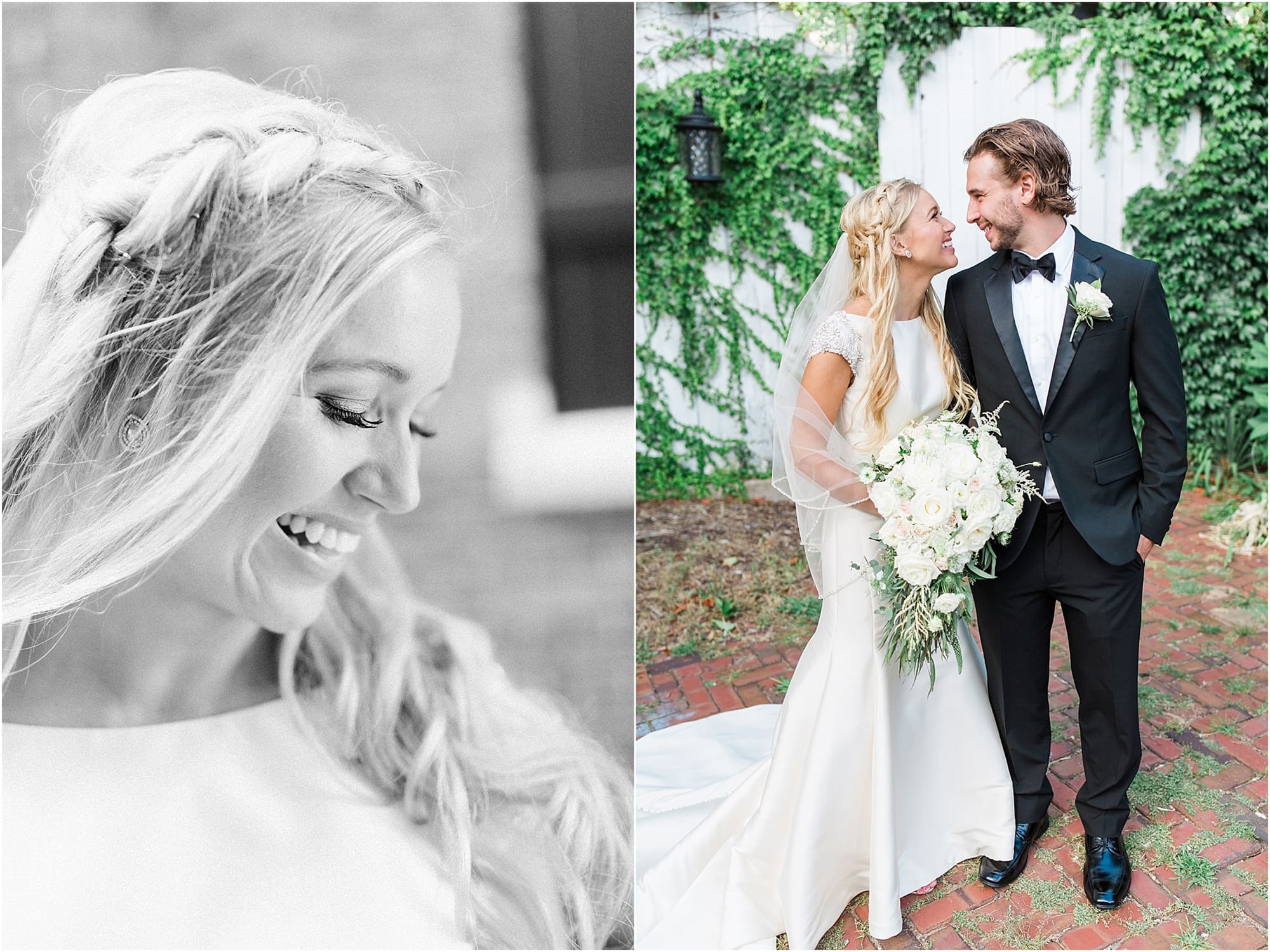 Arielle Peters Photography | Bride and groom next to ivy-covered walls on wedding day at the Uptown Center in Michigan City, Indiana.