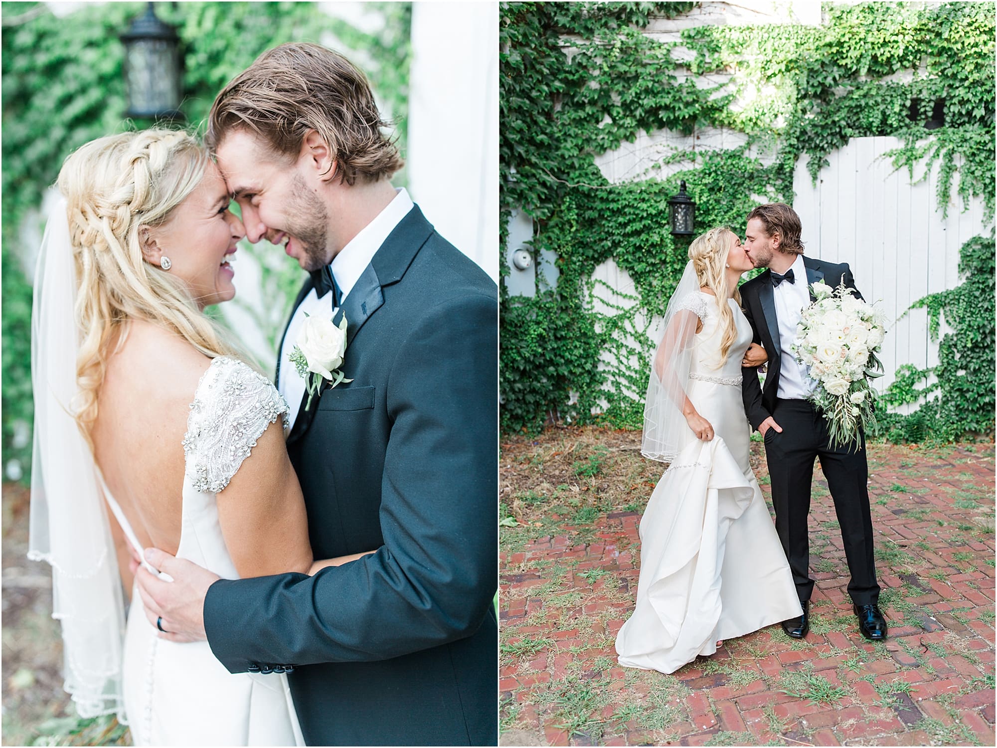 Arielle Peters Photography | Bride and bridesmaids kissing next to ivy-covered walls on wedding day at the Uptown Center in Michigan City, Indiana.