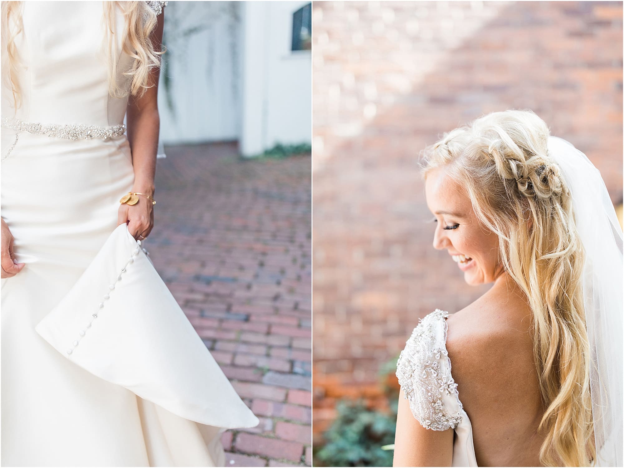 Arielle Peters Photography | Bride standing next to ivy-covered bricks on wedding day at the Uptown Center in Michigan City, Indiana.