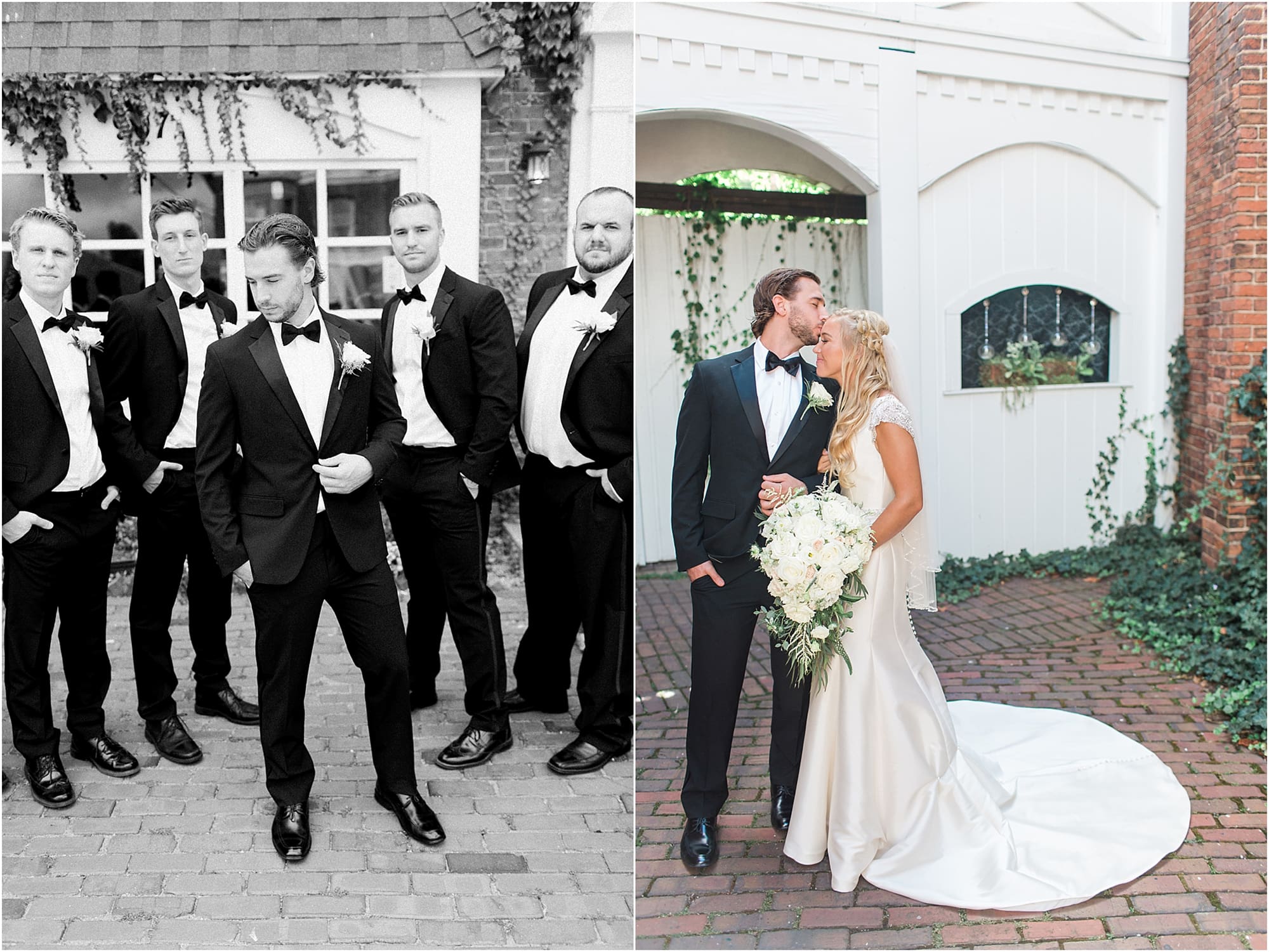 Arielle Peters Photography | Groom and groomsmen next to ivy-covered building on wedding day at the Uptown Center in Michigan City, Indiana.