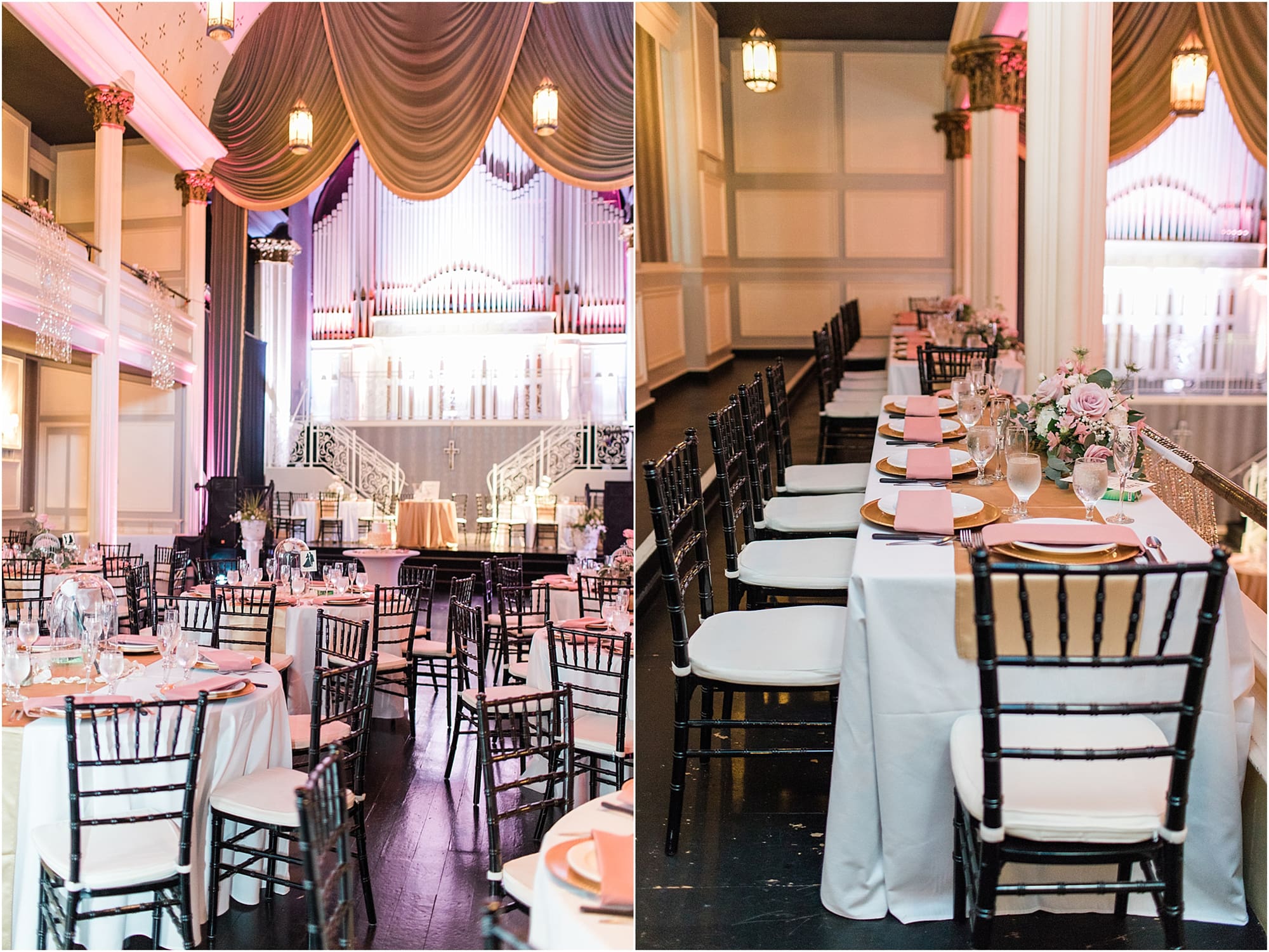 Arielle Peters Photography | Wedding reception table settings and floral arrangements on wedding day at the Uptown Center in Michigan City, Indiana.