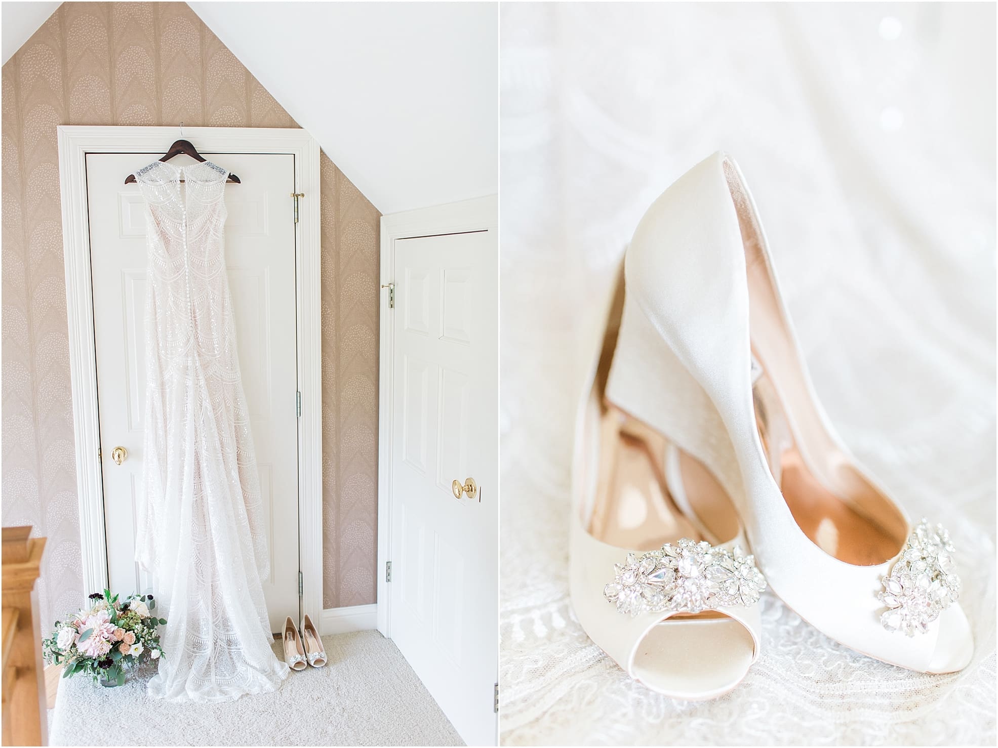 Arielle Peters Photography | Wedding dress hanging in doorway on wedding day at Joseph Decuis Farm in Roanoke, Indiana.